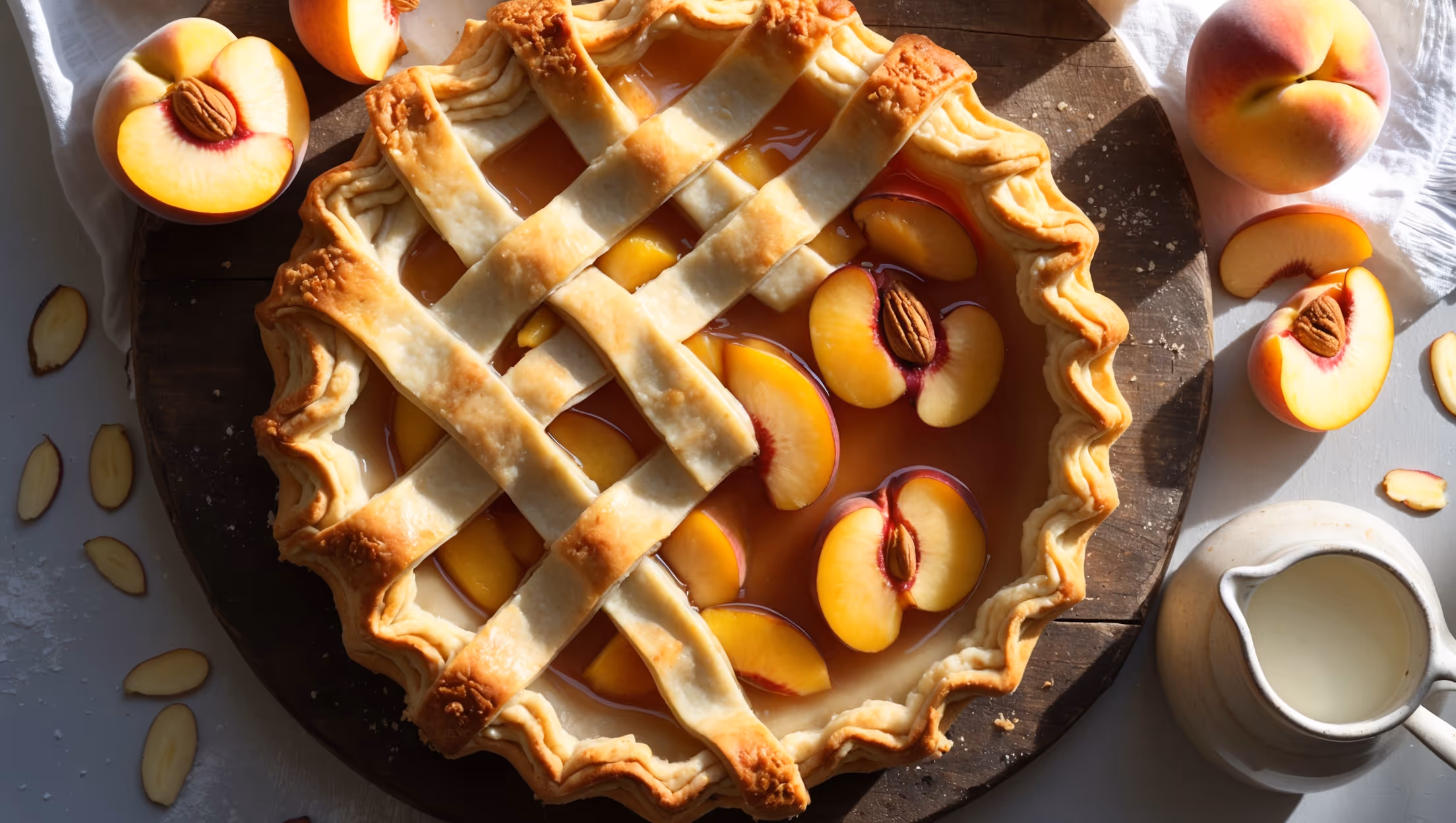An overhead shot of a rustic White Peach Pie with a beautifully latticed golden-brown top crust, revealing glimpses of the glossy peach filling through the gaps. Soft natural light streams across the scene, highlighting the caramelized sugar crystals on the pastry surface. The pie rests on a weathered wooden board alongside fresh white peach slices and scattered almond slivers. A cross-section view reveals distinct layers of flaky pastry and juicy, tender peach slices in their translucent syrup. A small ceramic pitcher of cream waits nearby, catching the light and creating a warm, inviting mood that emphasizes the homemade charm of this seasonal dessert.