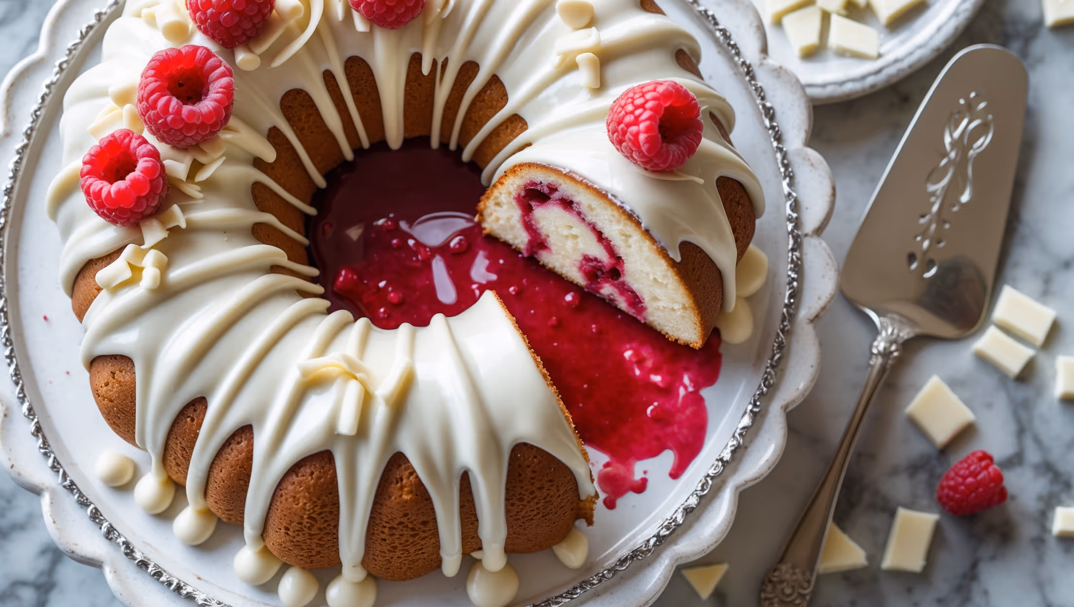 An overhead shot of a perfectly formed bundt cake on an ornate white cake stand, its deep ridges glistening with white chocolate ganache that cascades down the sides in elegant drips. The cross-section reveals a tender, moist crumb studded with vibrant red raspberry swirls throughout. Soft natural light highlights the contrast between the creamy white cake and the ruby-red raspberry sauce, while fresh raspberries and white chocolate curls adorn the top. A vintage silver cake server rests beside it on a marble countertop scattered with a few fresh raspberries and white chocolate shavings, enhancing the elegant yet approachable presentation.