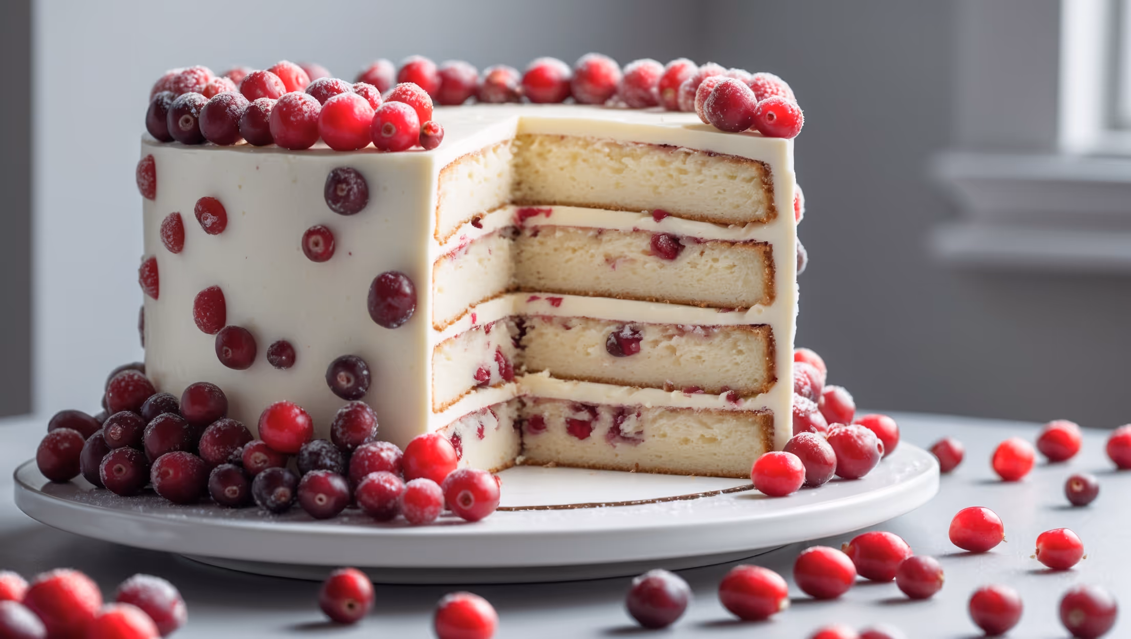 An elegant three-layer white chocolate cranberry cake captured in natural window light that highlights its pristine white frosting and vibrant red accents. The cross-section view reveals moist vanilla cake layers speckled with ruby-red cranberries, separated by smooth white chocolate buttercream. The cake sits atop a white ceramic cake stand against a light gray background, with sugared cranberries glistening like jewels around the top edge and scattered beautifully across the serving table. Fresh cranberries and white chocolate curls cascade down one side, creating a deliberate yet seemingly effortless decoration that emphasizes the cake's festive color contrast and luxurious texture.