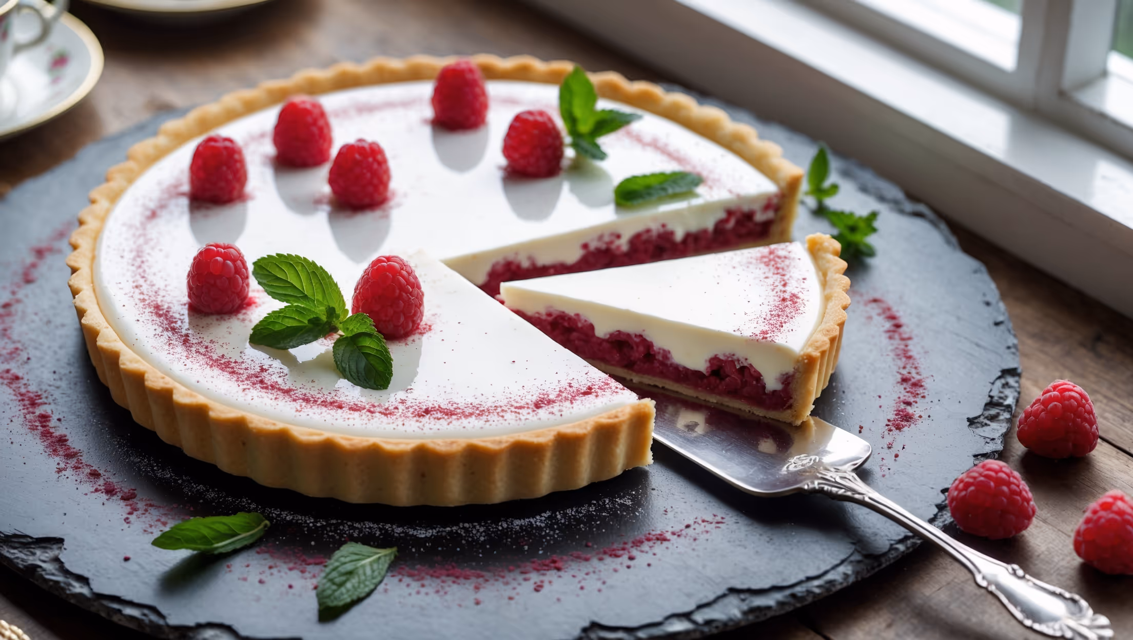 An overhead shot showcases the pristine white chocolate tart set against a rustic slate serving board, the surface dotted with fresh raspberries that glisten under soft natural window light. A cross-section view reveals the contrast between the golden shortcrust pastry, creamy white chocolate filling, and vibrant red raspberry layer. The tart's clean-cut edge displays the perfectly baked pastry, while scattered fresh mint leaves, raspberry dust, and a subtle dusting of powdered sugar add dimension. A vintage silver cake server rests alongside, ready to slice into the glossy surface that reflects the surrounding elegant tea setting.