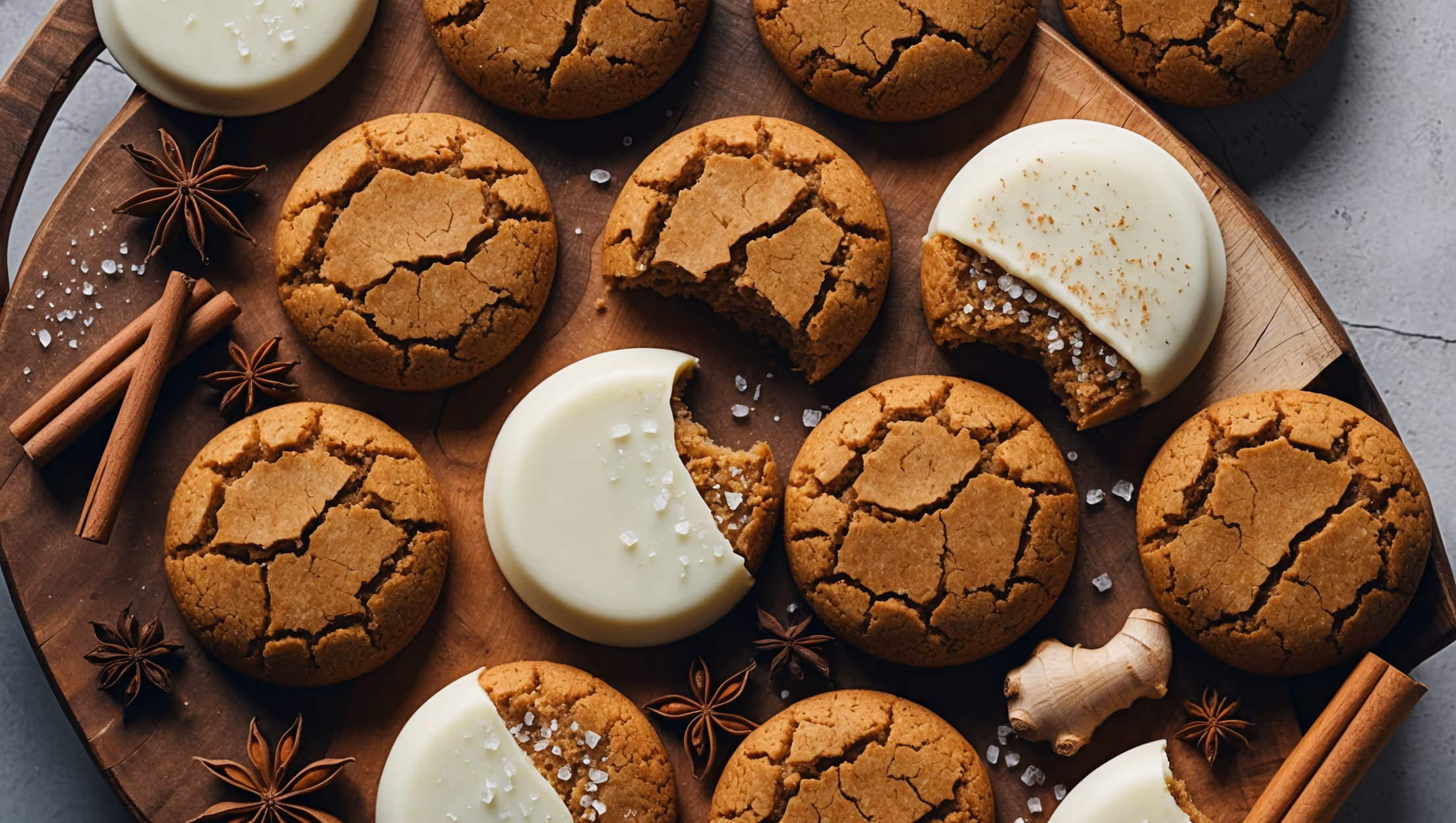 An overhead shot of perfectly round ginger cookies arranged on a rustic wooden board, their rich amber-brown color contrasting with the crisp white chocolate coating that covers half of each cookie. A cross-section view reveals the cookie's chewy interior studded with crystallized ginger pieces. The styling includes scattered whole spices—cinnamon sticks, star anise, and fresh ginger root—around the cookies, with a few sprinkles of sea salt visible on the white chocolate coating. Natural window light creates gentle shadows that highlight the crackly surface texture of the cookies, while the glossy white chocolate gleams invitingly.