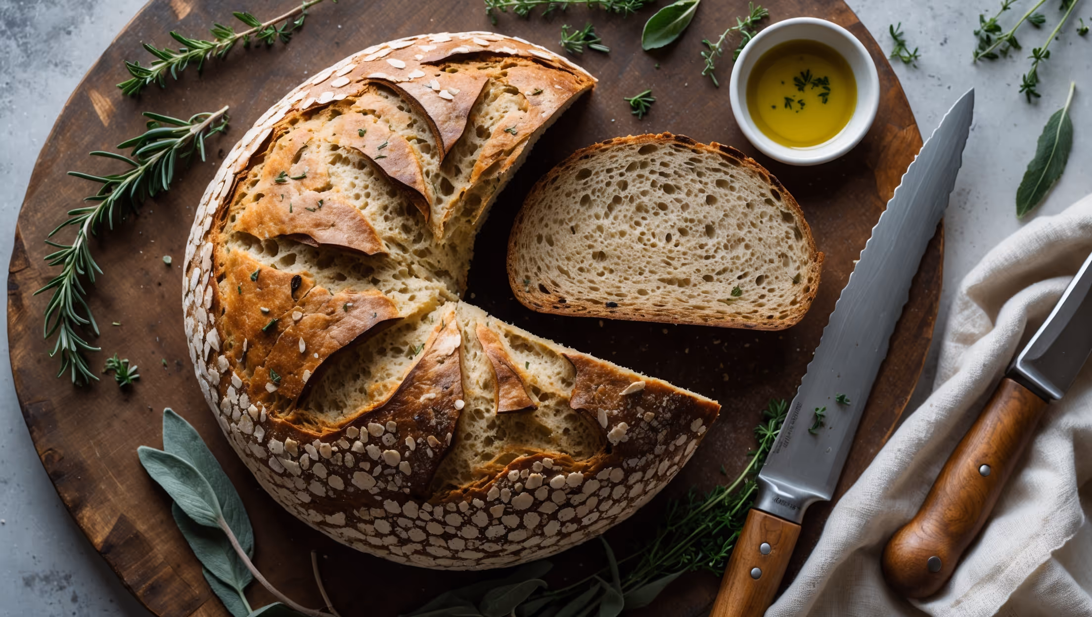 An overhead shot of a round loaf of Whole Grain Herb Bread with a perfectly cracked crust, showcasing flecks of green herbs visible throughout the deep golden-brown exterior. A cross-section slice reveals a moist, medium-dense crumb with an artisanal texture and scattered herb fragments. The bread sits on a weathered wooden board with sprigs of fresh rosemary, thyme, and sage scattered nearby, while a small dish of olive oil and a linen cloth provide context. Soft natural light streams from the side, highlighting the bread's rustic, handcrafted appearance and the contrast between the craggy crust and tender interior. A knife with wooden handle rests alongside, ready for the next slice.