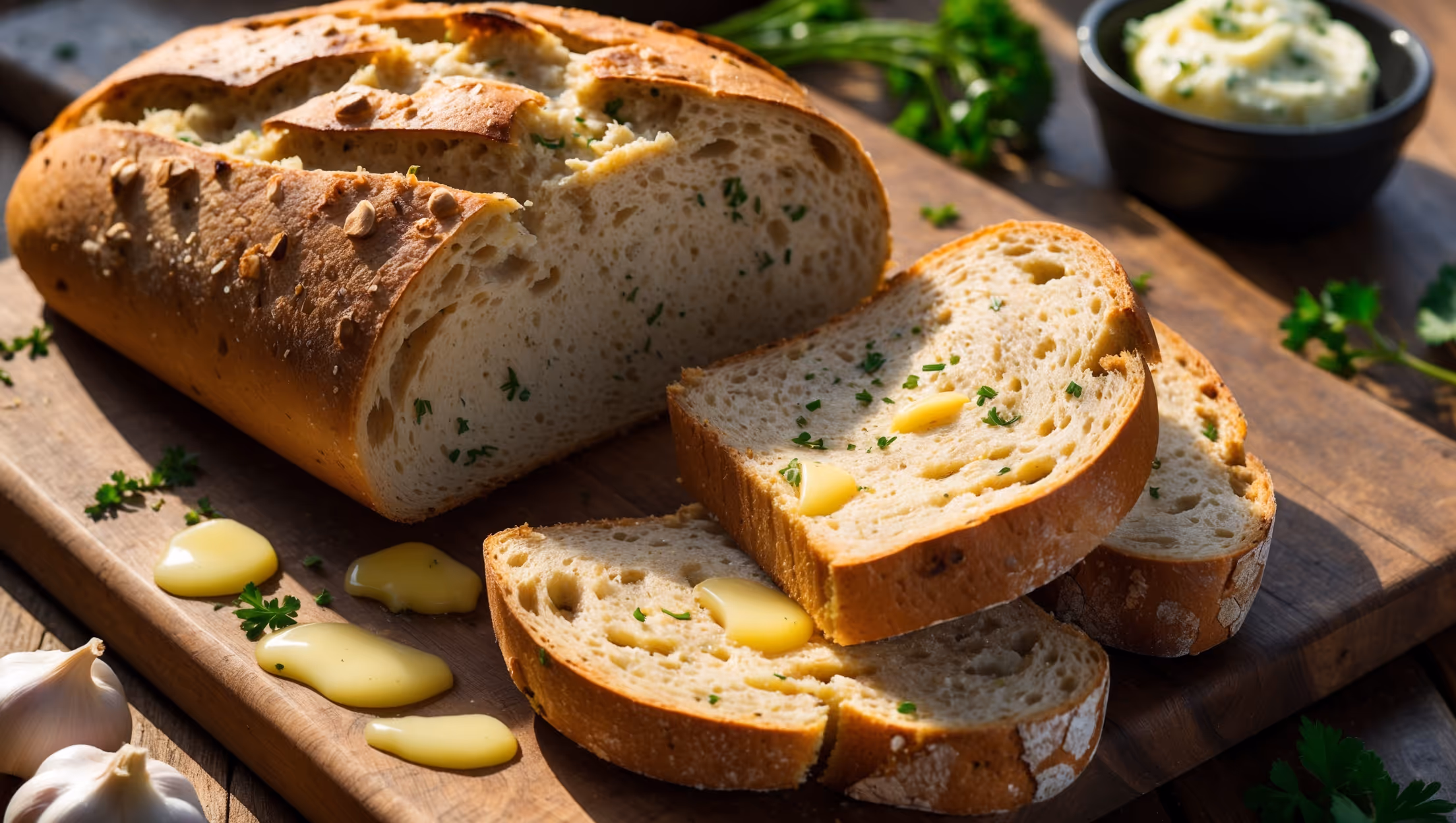 A rustic loaf of whole grain garlic bread photographed in warm afternoon light on a wooden cutting board, with several thick slices pulled apart to reveal a soft interior studded with specks of fresh herbs. The golden-brown exterior has a hearty, artisanal appearance with visible whole grains, while the cross-section shows a perfect balance of airy structure and substantial texture. Melted garlic butter glistens on the surface, with small pools collecting in the bread's natural crevices. Scattered around the board are fresh garlic cloves, sprigs of parsley, and a small ramekin of additional herb butter, creating a comforting, homemade aesthetic.