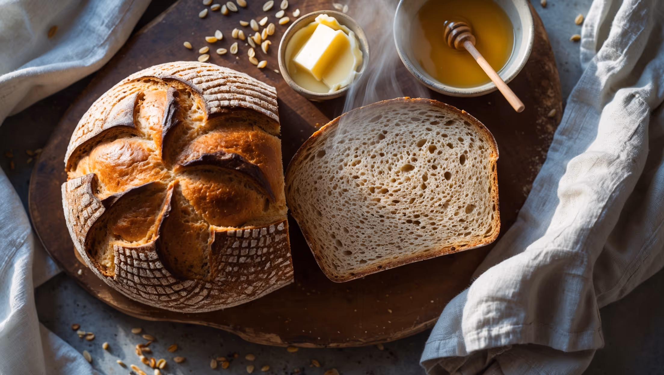 An overhead shot of a freshly sliced loaf of whole grain buttermilk bread displaying its perfect dome and golden-brown crust. A cross-section view reveals the bread's even, tender crumb structure with visible whole grain flecks throughout. Soft natural morning light streams across a worn wooden cutting board where the bread rests alongside a small crock of softened butter and a drizzle of honey. A linen tea towel and scattered whole grains frame the scene, while steam gently rises from a just-cut slice, highlighting the bread's freshly baked warmth and hearty texture.
