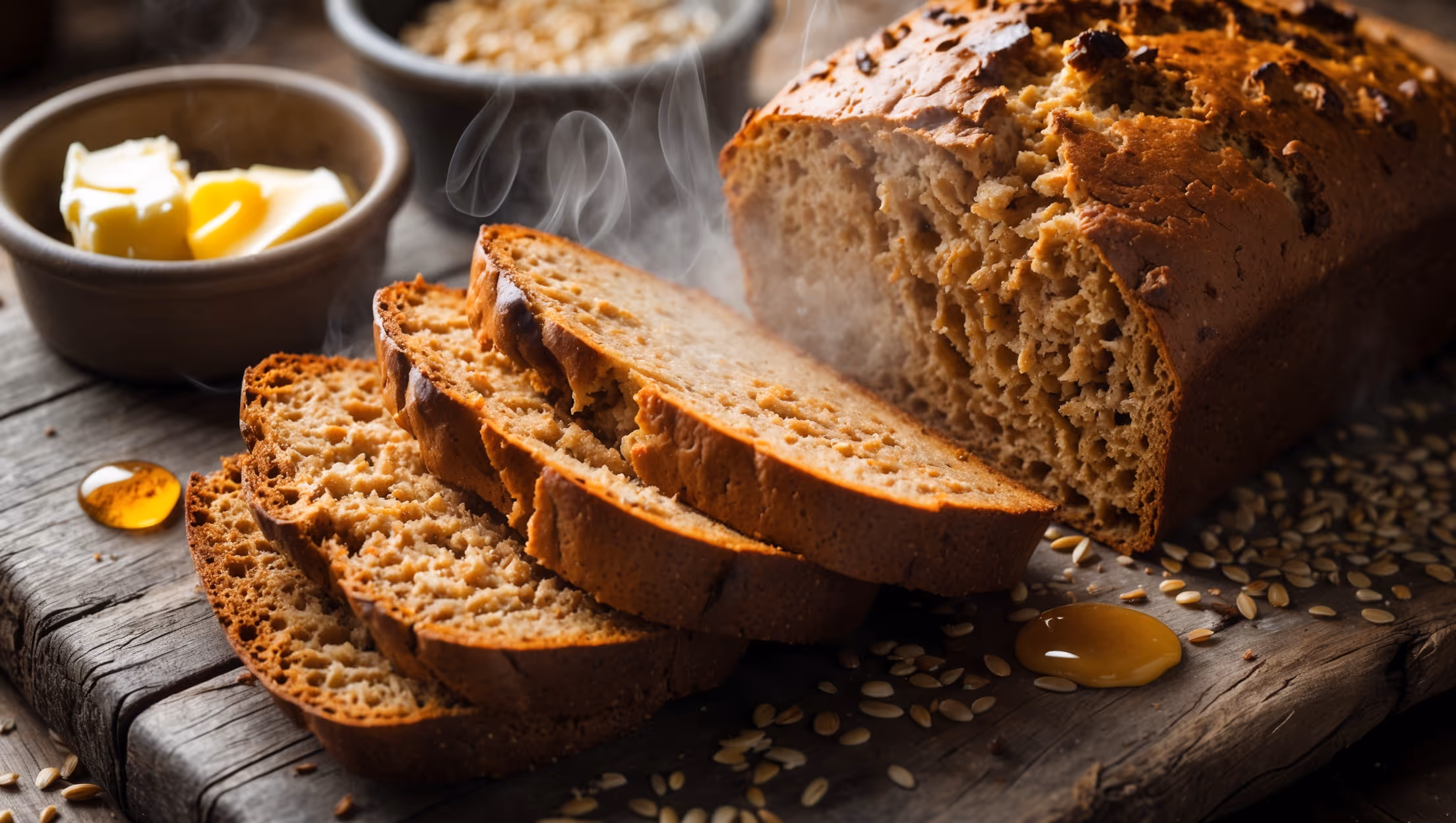 An overhead shot of a rustic, golden-brown loaf of Whole Grain Beer Bread, sliced to reveal its dense yet airy interior structure. Soft natural light streams across the scene, highlighting the textural contrast between the craggy, caramelized crust and the moist, tender crumb within. The bread sits on a weathered wooden cutting board alongside a small crock of softened butter and scattered whole grains. Steam visibly rises from the freshly cut surface, suggesting warmth and freshness, while droplets of honey being drizzled create a glistening effect that emphasizes the bread's hearty, wholesome character.