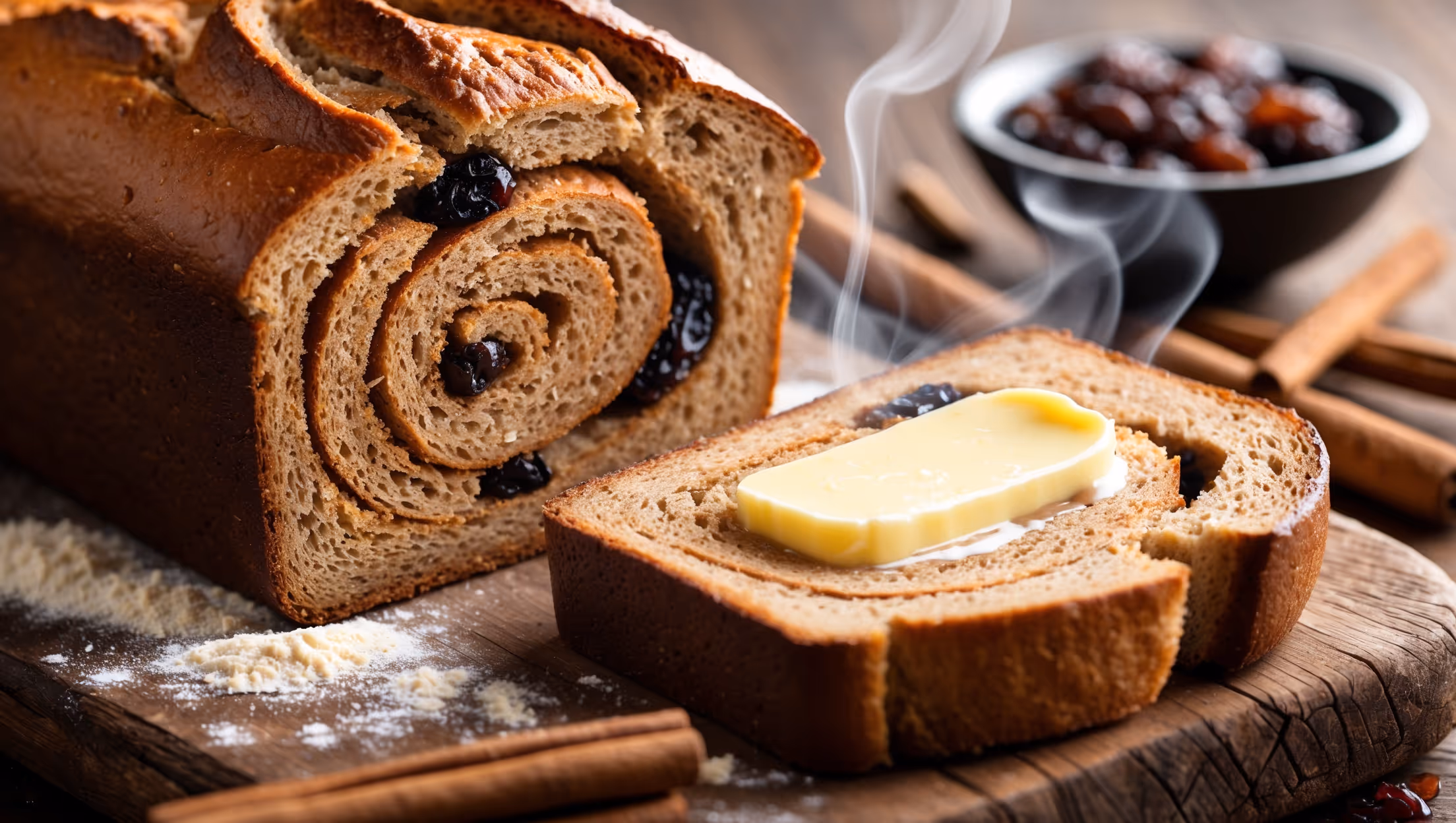 A freshly baked loaf of whole wheat cinnamon raisin bread captured in warm, natural light, showcasing its golden-brown crust and distinctive swirl pattern. The cross-section view reveals a tender crumb with beautiful cinnamon spirals and plump, glistening raisins distributed throughout the wheaty texture. Beside the main loaf sits a thick slice slathered with a thin layer of melting butter, placed on a rustic wooden board with scattered whole wheat flour, cinnamon sticks, and a small bowl of raisins as styling elements. Steam visibly rises from the freshly cut slice, emphasizing its warmth and freshness.