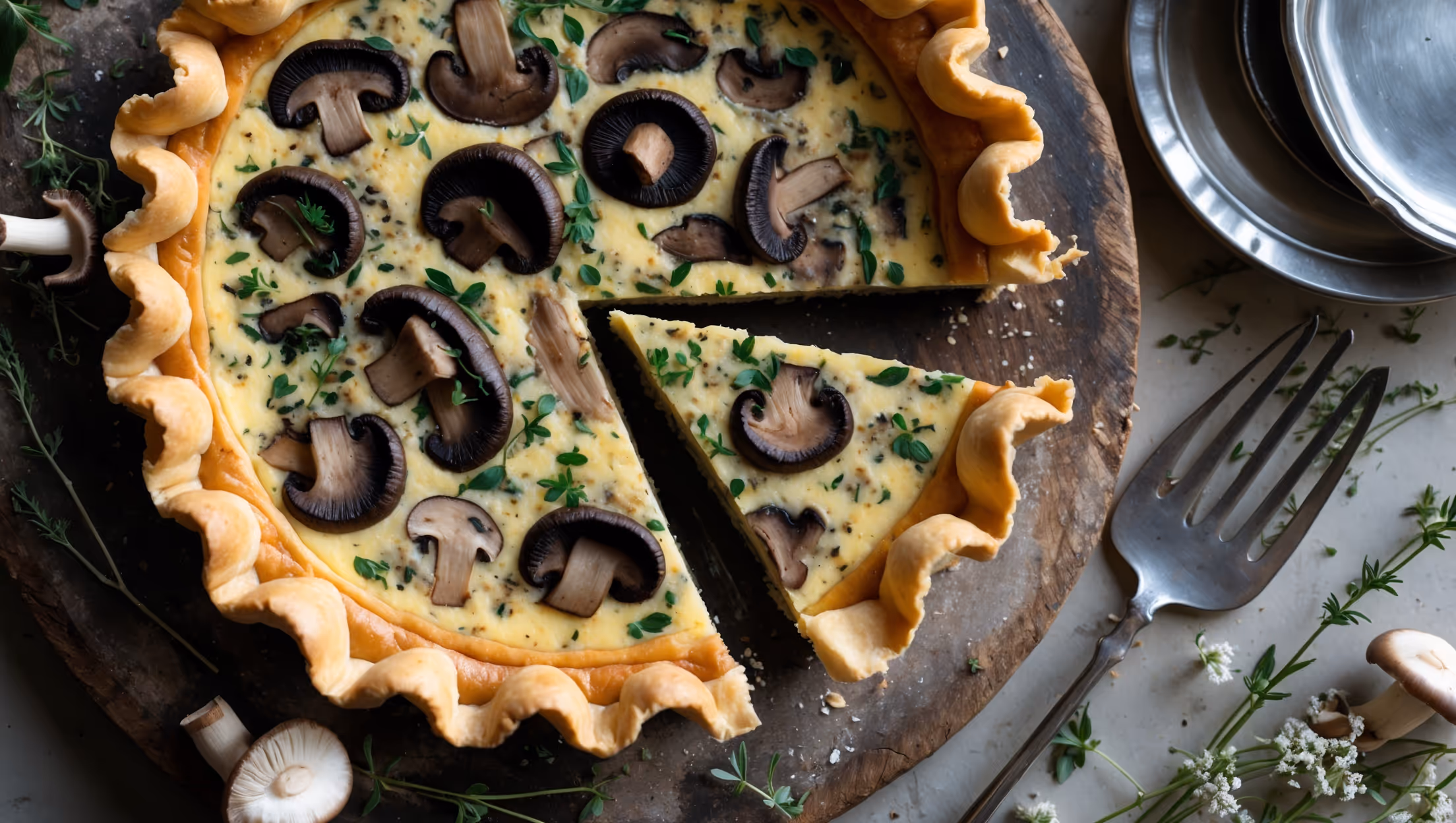 An overhead shot of a perfectly browned quiche with a rustic scalloped edge, revealing a deep golden crust and a rich, speckled filling. The cross-section displays layers of dark mushroom duxelles beneath a creamy custard speckled with vibrant green herbs. Captured in natural window light that highlights the textural contrast between the flaky pastry and the silky filling. The quiche rests on a weathered wooden board, surrounded by scattered wild mushrooms, sprigs of fresh thyme, and delicate white woodland flowers. A vintage silver serving piece sits nearby, ready to cut into the warm, steam-releasing slice.