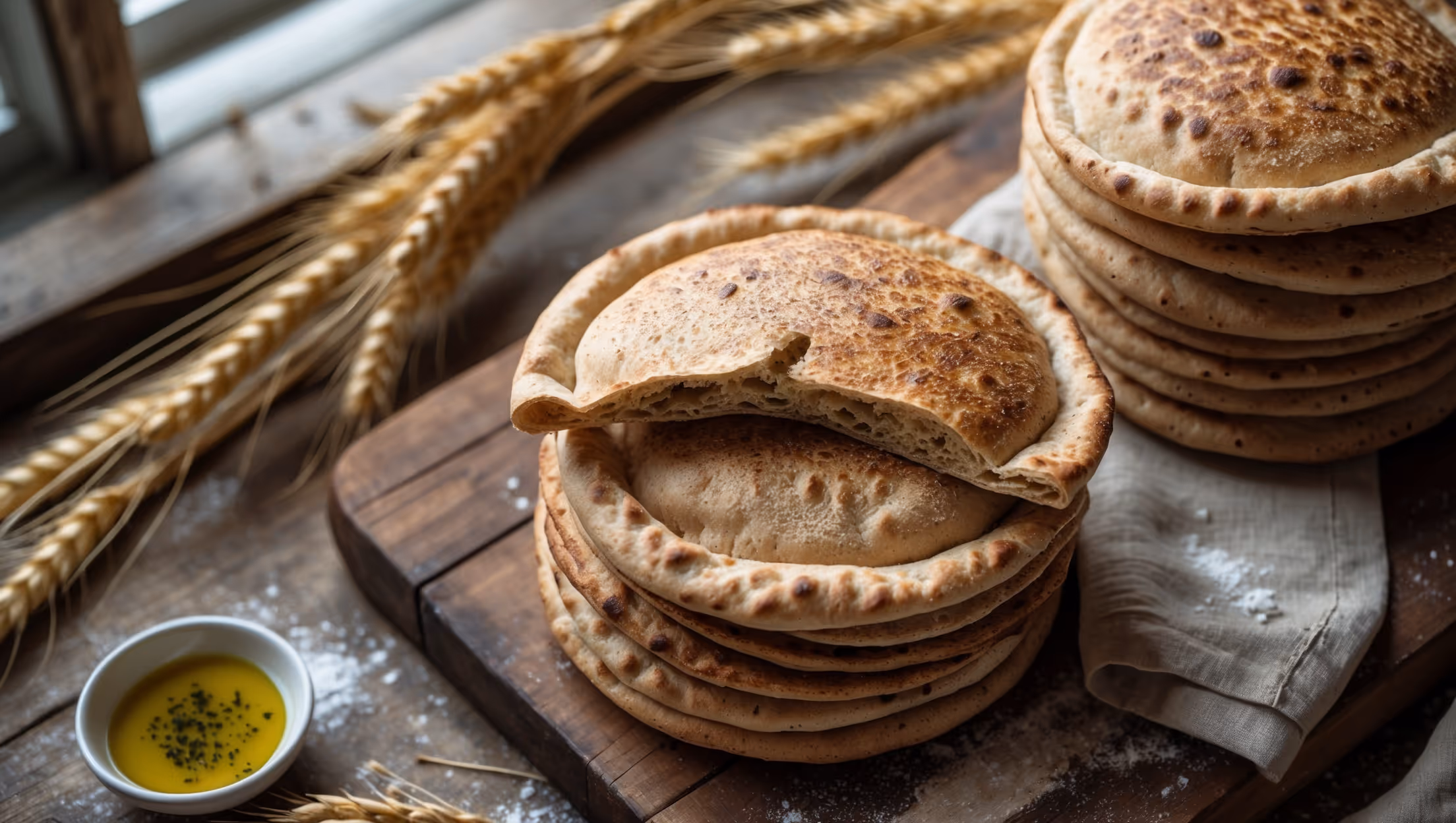 An overhead shot of freshly baked whole wheat pita breads stacked partially on a rustic wooden board, with one cut open to reveal its perfect pocket. Natural light streams in from a nearby window, highlighting the golden-brown speckled exterior and the soft, steam-releasing interior. Scattered around are wheat stalks, a small bowl of olive oil with za'atar, and a linen napkin dusted with flour. The contrast between the earthy tones of the whole wheat pitas and the warm wooden background creates a homey, artisanal atmosphere that showcases the bread's hearty appeal and handmade quality.