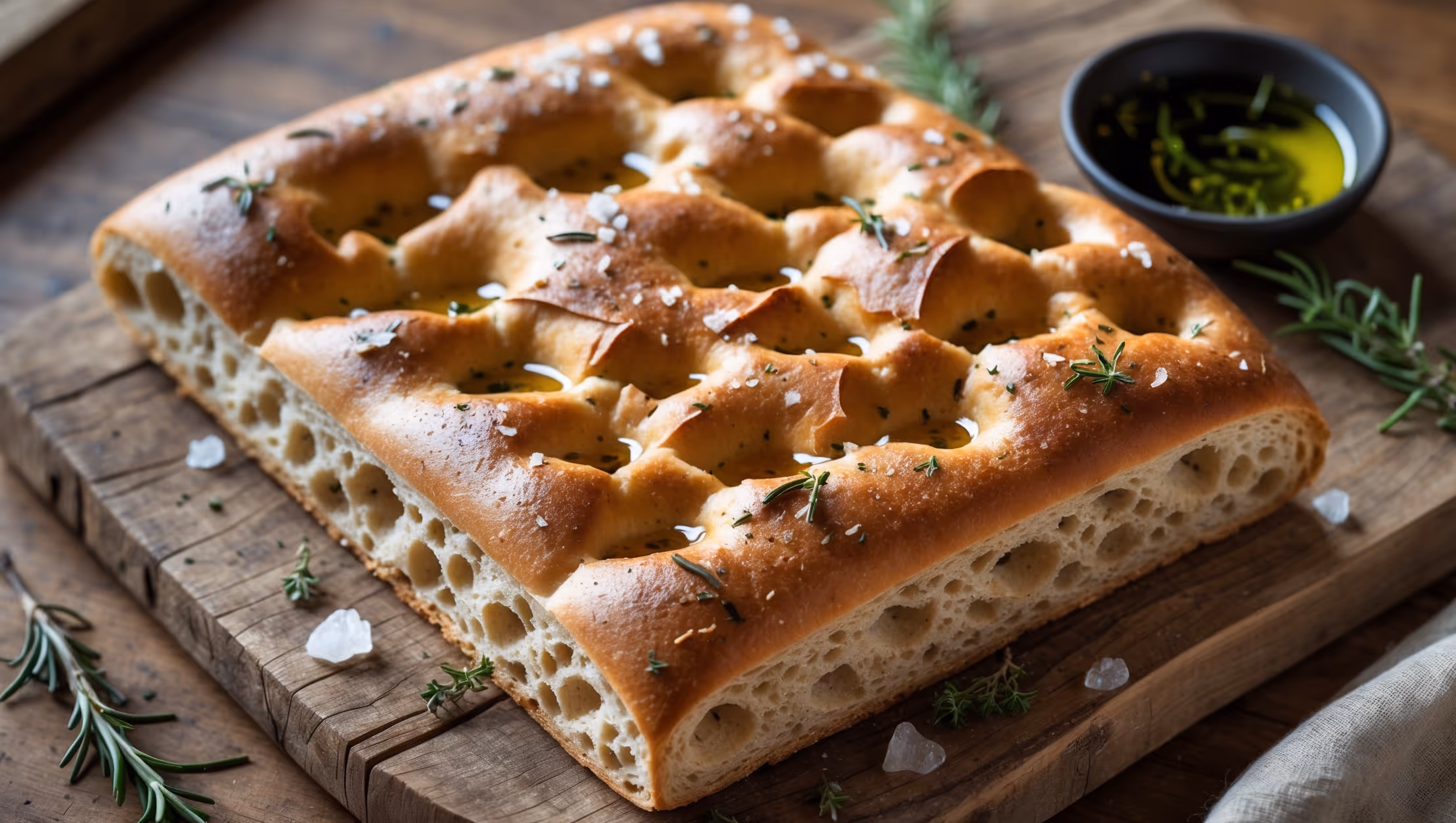 An overhead shot of a golden-brown rectangular whole wheat focaccia on a rustic wooden board, with fingertip dimples filled with glistening olive oil and flecks of rosemary, thyme, and sea salt crystals catching the soft natural light. A cross-section view reveals the open, airy crumb structure with visible whole grain flecks throughout the tender interior. In the background, a small bowl of extra virgin olive oil with floating herbs and a scatter of fresh rosemary sprigs frame the bread, while a linen napkin adds texture to the warm, inviting composition.