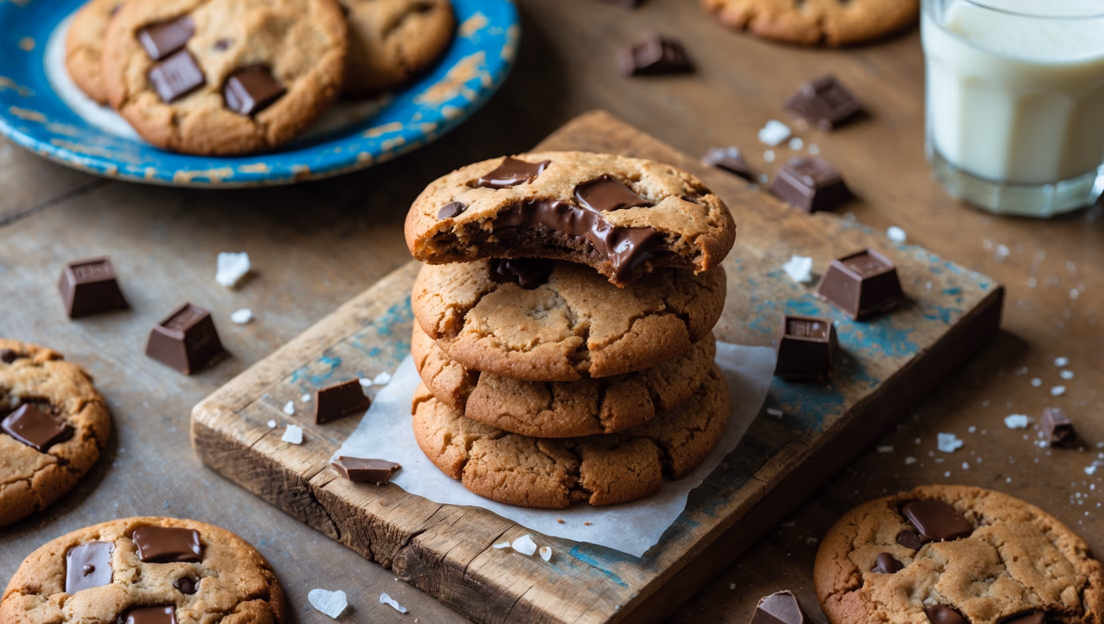 An overhead shot of rustic whole wheat chocolate chip cookies arranged in a casual stack on a weathered wooden board, with a few cookies broken to reveal pockets of melted chocolate. Soft natural light streams in from a side window, highlighting the golden-brown edges and earthy tones of the cookies. In the background, a vintage blue ceramic plate holds more cookies while scattered chocolate chunks and a sprinkle of flaky sea salt add texture to the scene. A glass of milk sits nearby, creating a homey, inviting atmosphere that emphasizes the hearty, wholesome character of these whole grain treats.