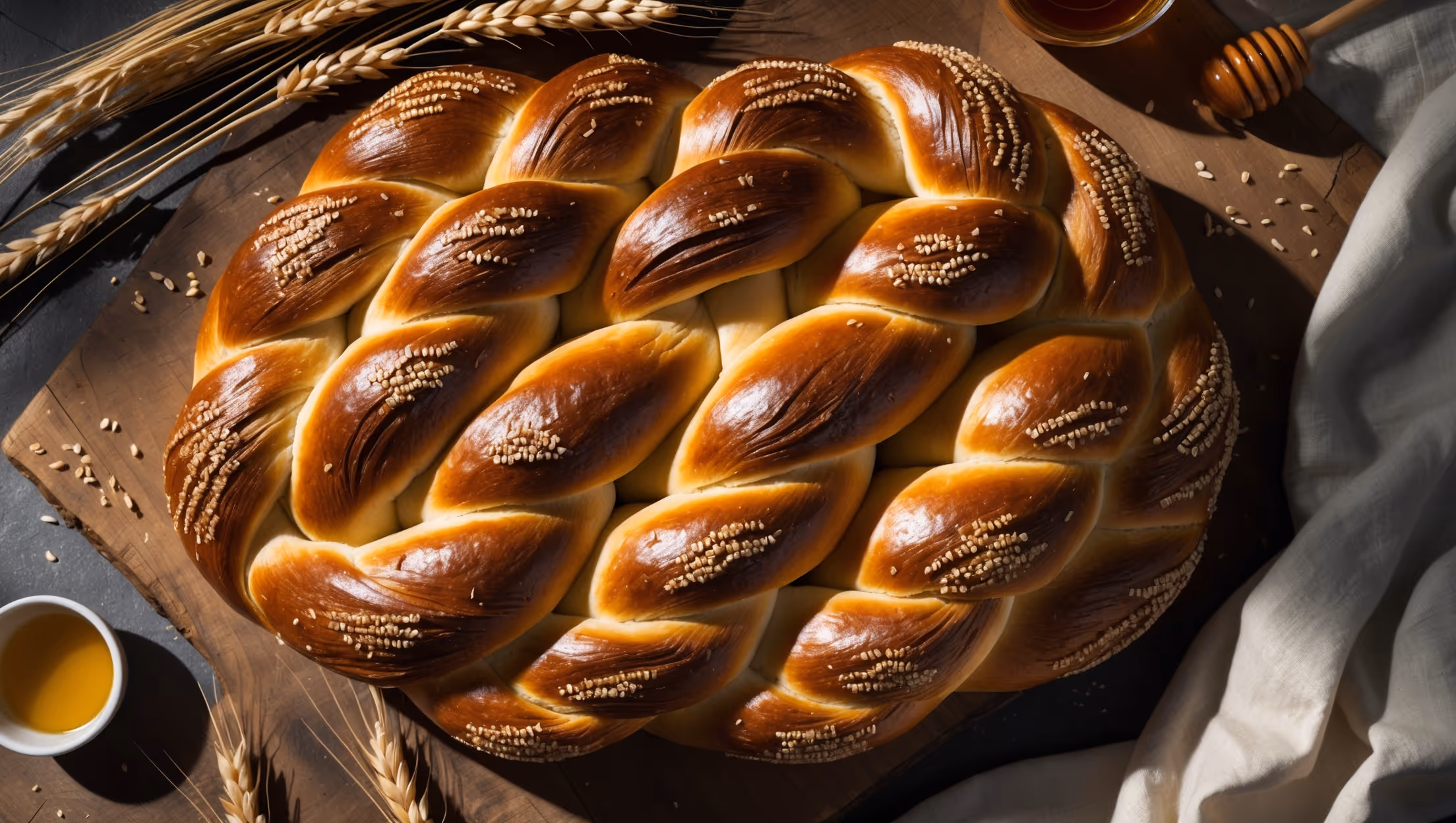 An overhead shot of a perfectly braided six-strand whole wheat challah, its deep golden-brown crust glistening with egg wash under soft natural light. The cross-section reveals a tender, honey-colored crumb with visible whole wheat flecks. Styled on a rustic wooden board with scattered wheat stalks and a linen napkin, the challah's impressive braided pattern creates dramatic shadows that highlight its artisanal quality. A small dish of honey and a sprinkle of sesame seeds accent the scene, emphasizing the bread's traditional roots with a wholesome twist.