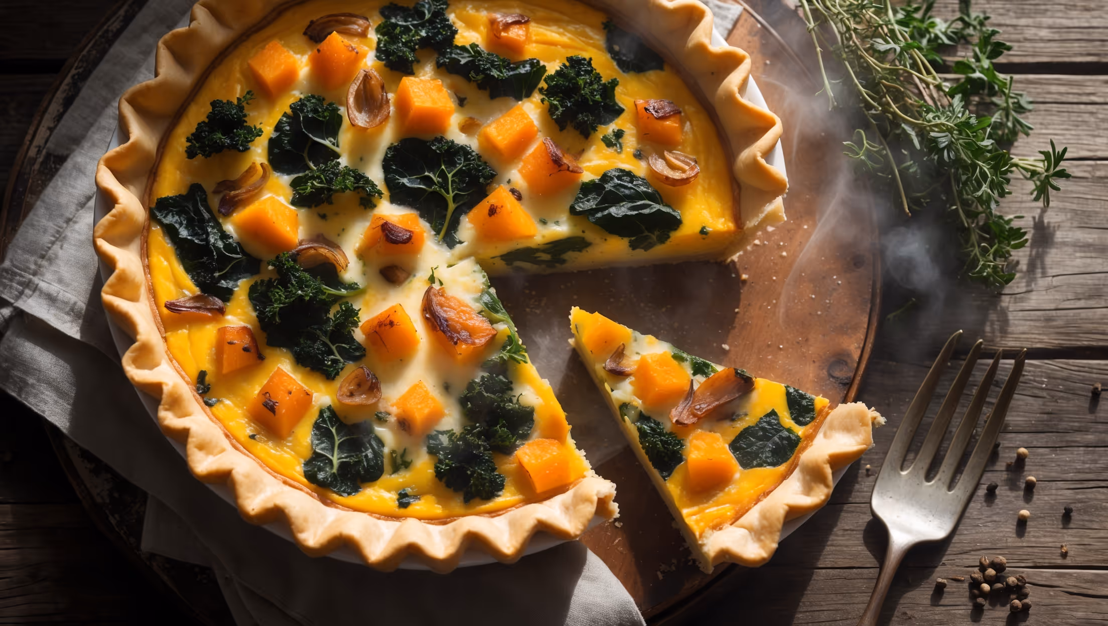 An overhead shot of a golden-brown Winter Vegetable Quiche with a flaky, perfectly crimped crust. Soft natural light streams across the scene, highlighting the vibrant colors of roasted butternut squash, kale, and caramelized onions visible through the slice that's been removed. The custard filling appears silky and just-set, revealing layers of vegetables and melted Gruyère cheese. On a weathered wooden board, the quiche is accompanied by a small bunch of fresh thyme, a scattering of whole black peppercorns, and a vintage cake fork. Steam gently rises from the warm slice, suggesting it's fresh from the oven, with the rustic ceramic pie dish contrasting beautifully against the delicate pastry.