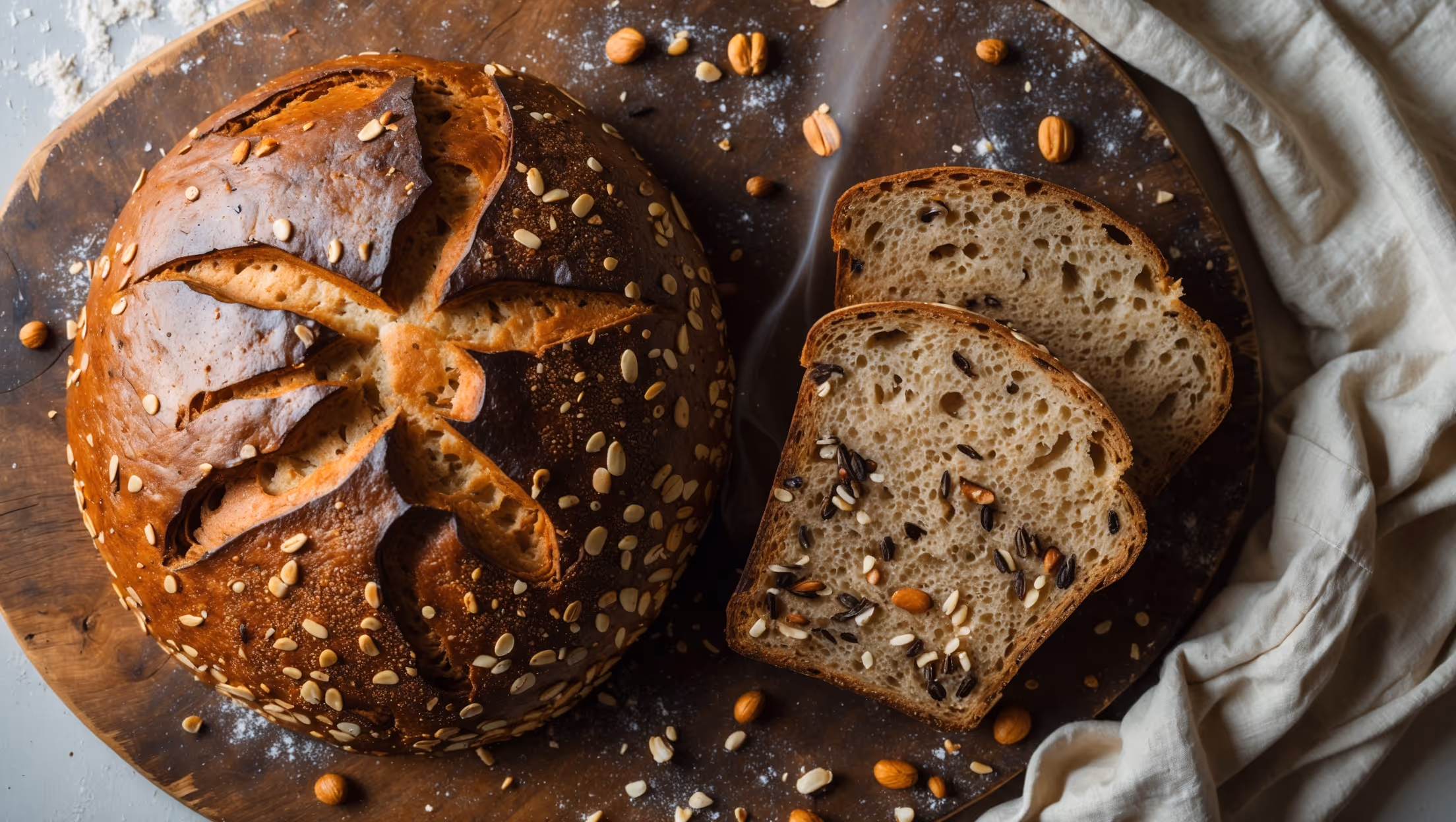 An overhead shot of a rustic round country loaf with a deep caramelized crust displaying beautiful crackling patterns, photographed in soft natural morning light on a weathered wooden bread board. A cross-section view reveals a tender, slightly dense crumb studded with wild rice grains and toasted nut pieces creating appealing texture variations. The deep amber color of the bread's interior showcases the acorn flour's distinctive hue, while scattered whole grains and nuts surround the base of the loaf. Steam gently rises from a freshly cut slice, capturing the bread's wholesome warmth against a backdrop of natural linen and scattered flour dusting.