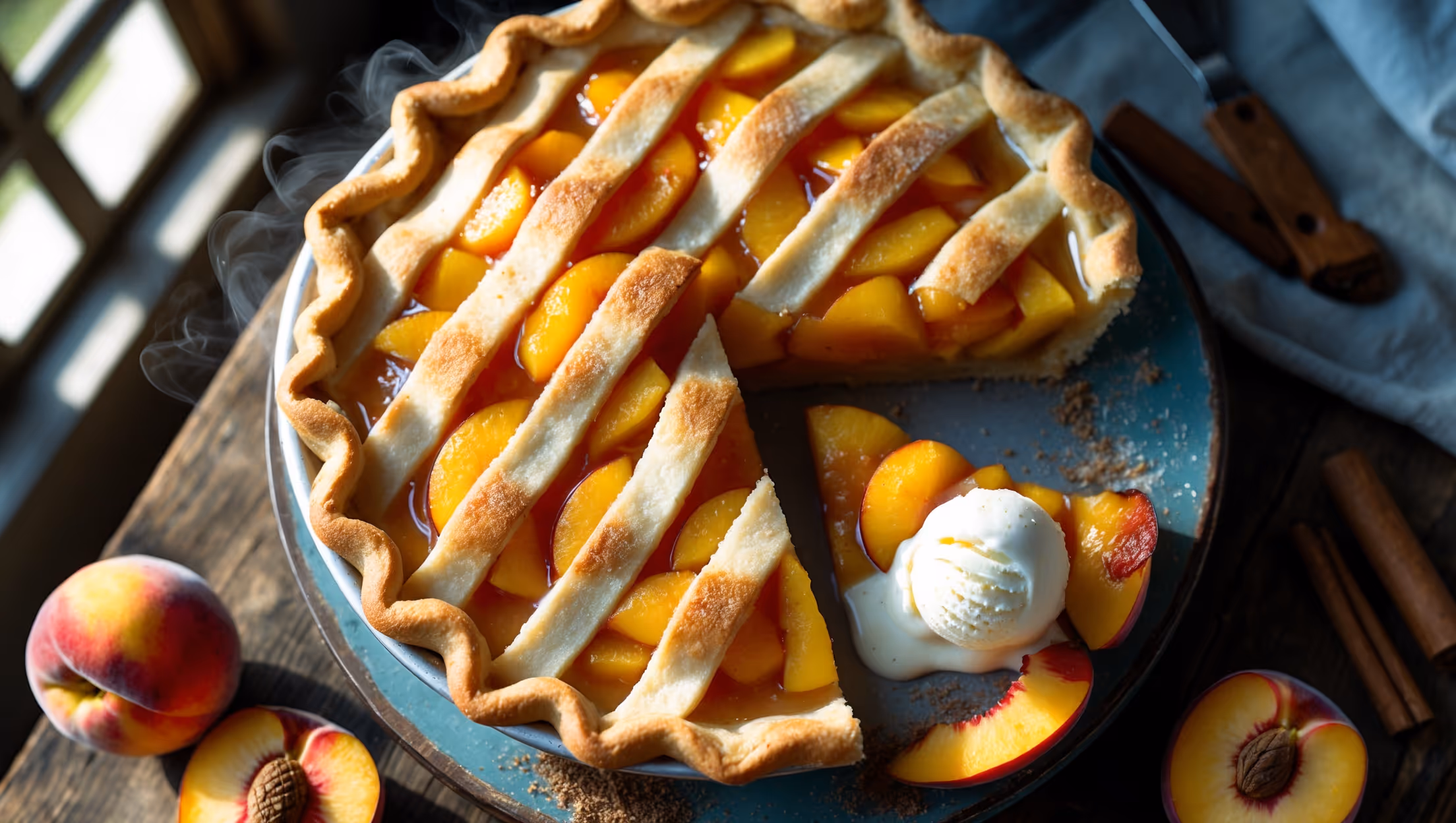 An overhead shot of a golden-brown lattice-topped peach pie set on a weathered wooden cake stand, with steam gently rising from the bubbling fruit filling visible through the lattice gaps. The crust edges are perfectly crimped and dusted with sparkling sugar crystals that catch the soft natural afternoon light streaming through a nearby window. A slice has been removed revealing the vibrant yellow-orange peach filling with visible fruit pieces and a glossy sheen from the thickened juices. Fresh peach slices and scattered cinnamon sticks decorate the rustic wooden surface alongside a vintage serving spatula, while a scoop of melting vanilla ice cream pools gently beside the plated slice, highlighting the warm-cool temperature contrast.