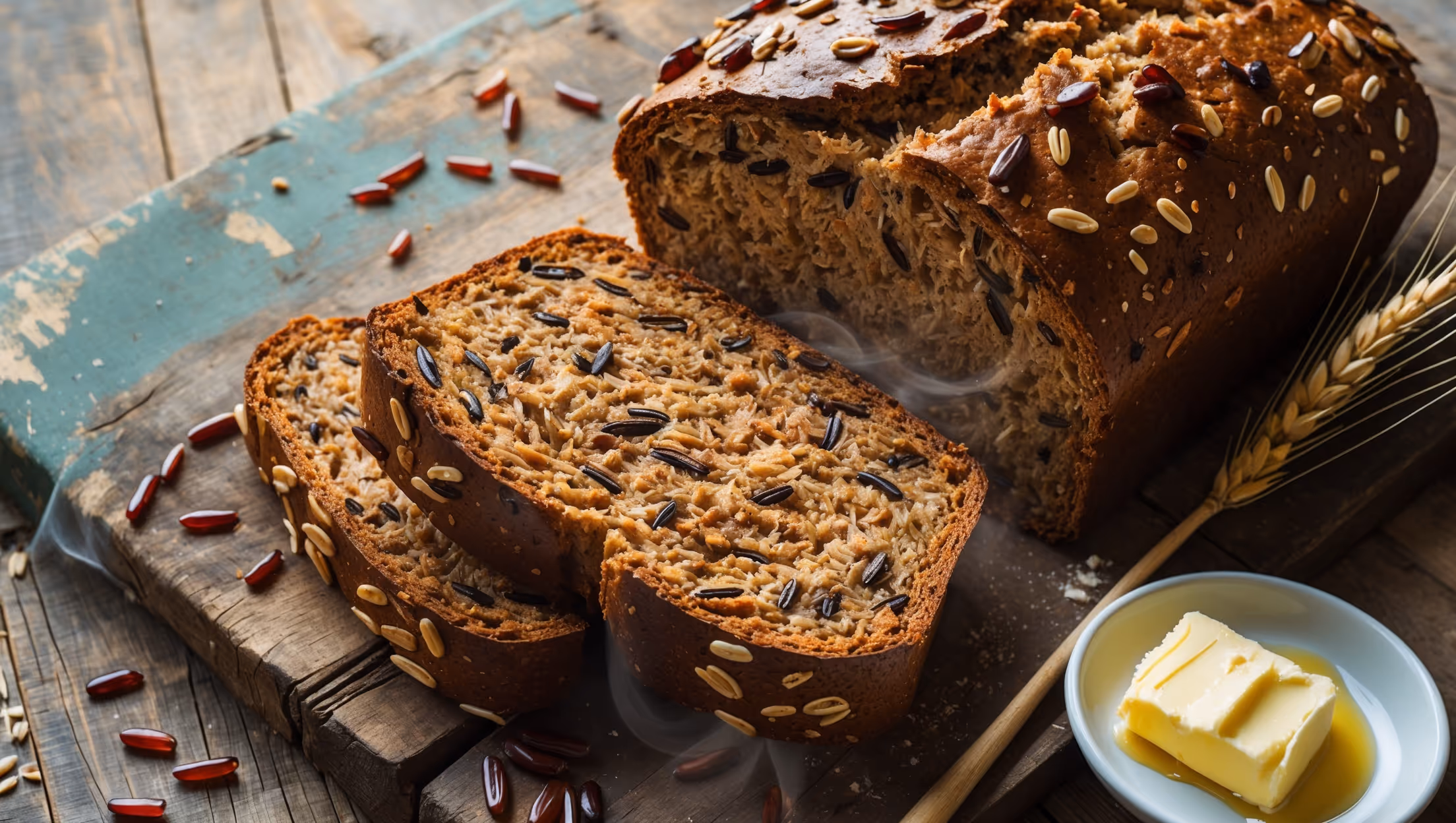 An overhead shot of a rustic Wild Rice Whole Grain Bread loaf with a beautifully cracked crust, photographed in soft natural light against a weathered wooden board. The cross-section reveals a hearty, moist crumb studded with visible wild rice grains and whole grain textures. Steam gently rises from a freshly cut slice, highlighting the bread's warmth and freshness. Scattered around the base are a few raw wild rice grains and wheat stalks, adding context to the ingredients. The rich amber tones of the crust contrast with the speckled interior, while a small dish of creamy butter and a drizzle of honey suggest serving possibilities.