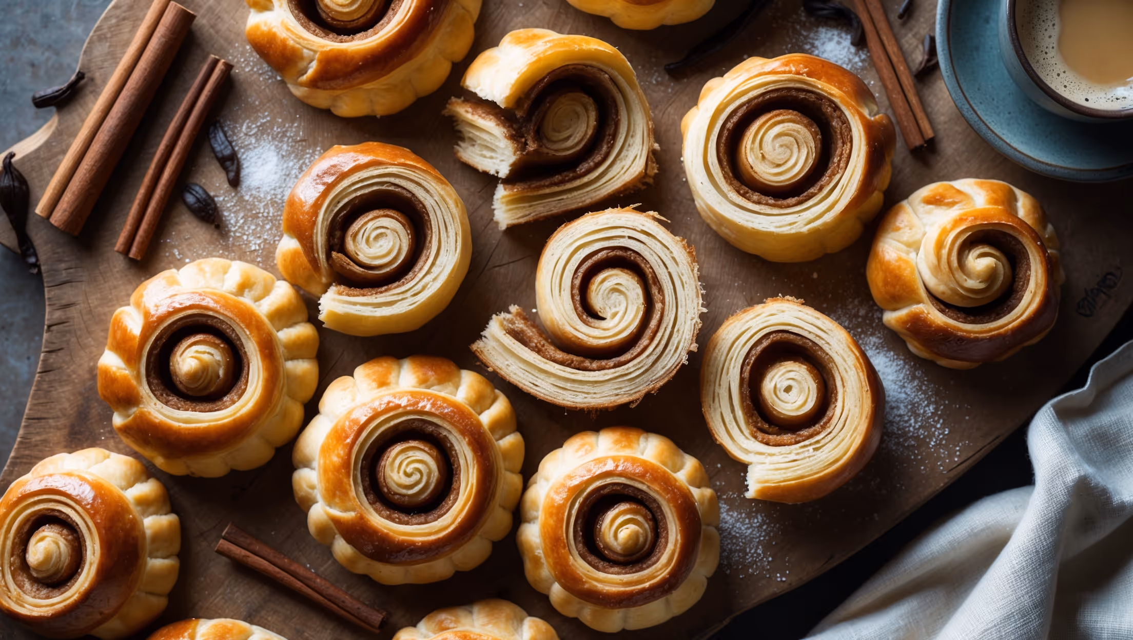 An overhead shot of freshly baked kanelsnurrer arranged on a rustic wooden board, their golden-brown surfaces glistening with a light sugar glaze under soft natural light. A cross-section view reveals the intricate spiral pattern of buttery layers interwoven with rich cinnamon filling, while steam still rises gently from the torn edge. Scattered cinnamon sticks, vanilla beans, and a sprinkle of raw sugar add context to the scene, with a linen napkin and ceramic mug of coffee suggesting the perfect Scandinavian fika pairing. The distinctive wild yeast-risen texture is evident in the open, airy crumb structure, highlighting the 48-hour fermentation that created these beautifully laminated Danish pastries.