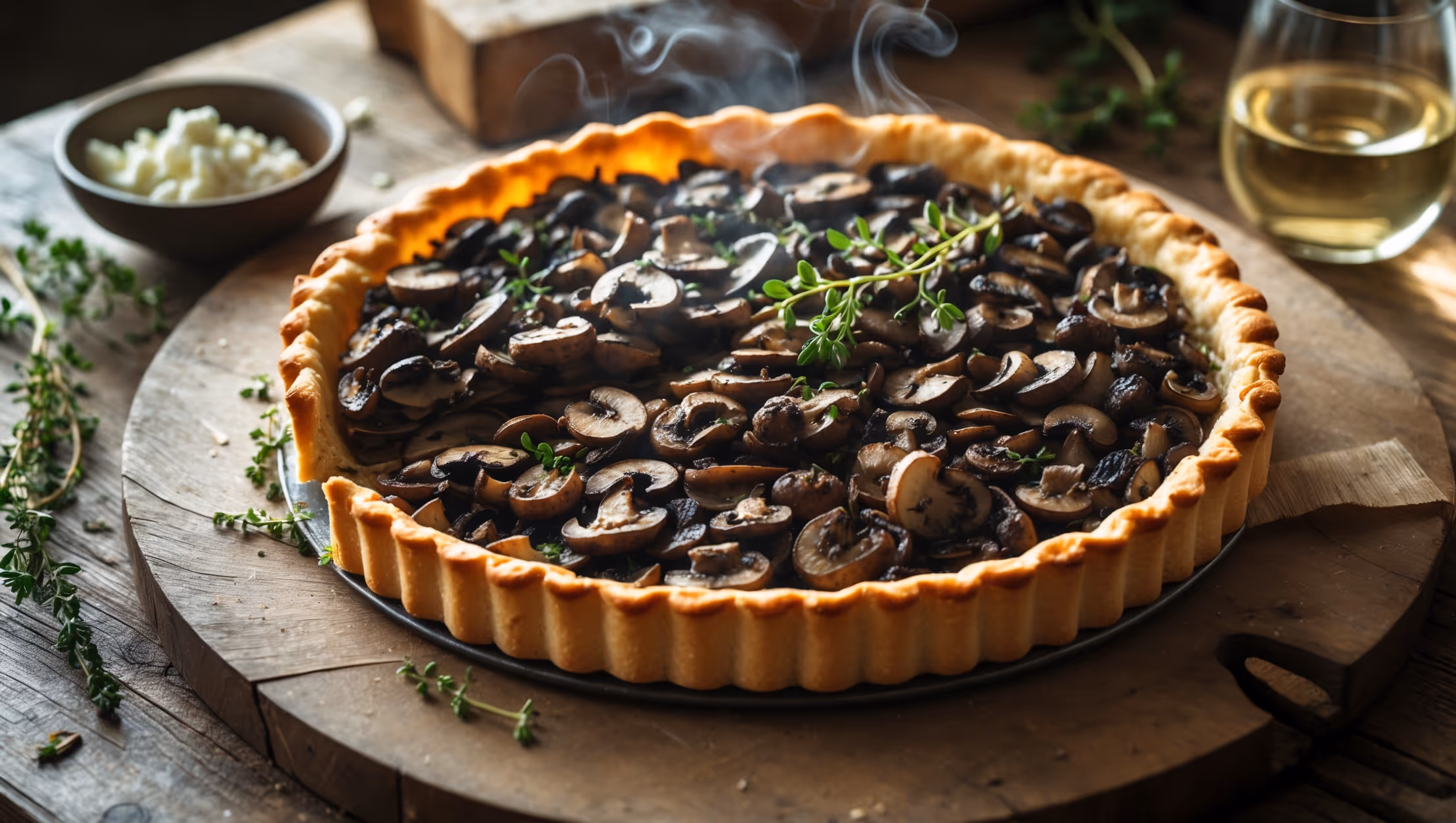 An overhead shot of the Wild Mushroom Tart showcasing its golden-brown, flaky crust edges contrasting with the rich, dark filling of sautéed wild mushrooms. The tart is photographed on a rustic wooden board with soft natural light streaming across the scene, highlighting the glistening mushrooms and specks of fresh thyme scattered across the top. A slice has been cut, revealing the creamy interior with visible layers of caramelized onions beneath the mushroom mixture. In the background, a small bowl of crumbled goat cheese and a sprig of fresh thyme add context, while a glass of white wine suggests perfect pairing possibilities. Steam gently rises from the freshly baked tart, emphasizing its warm, just-from-the-oven appeal.