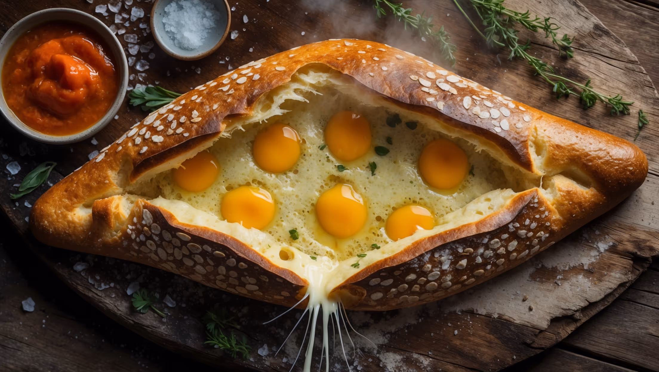 An overhead shot of a boat-shaped khachapuri with golden-brown edges and a glistening center where bright yellow egg yolk melts into pools of stretchy, bubbling aged cheese. The bread's crust shows beautiful fermentation bubbles and a rustic, irregular texture captured in warm, natural light. Steam rises gently from the surface, highlighting the bread's freshness. The khachapuri sits on a weathered wooden board scattered with fresh herbs and coarse salt crystals, with a small dish of Georgian adjika sauce nearby adding a vibrant red accent. The dramatic cheese pull as a piece is torn away reveals the bread's airy, open crumb structure developed through wild fermentation.