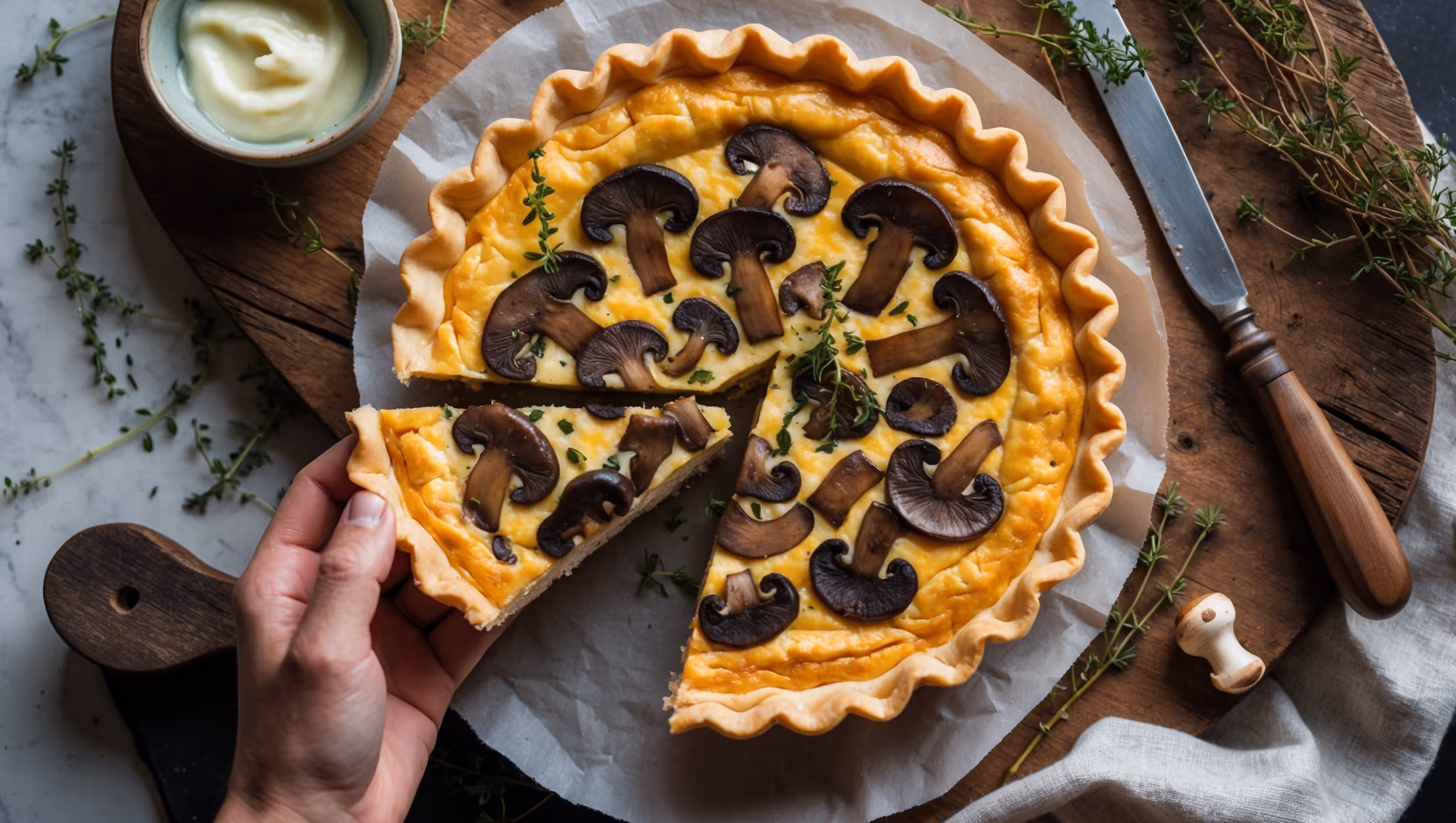 An overhead shot of a golden-brown Wild Mushroom and Thyme Quiche with a perfectly crimped edge, showcasing a slice being lifted to reveal the silky interior studded with caramelized wild mushrooms. Soft natural light highlights the flaky layers of the pastry and the rich, creamy filling. The quiche sits on a rustic wooden board scattered with fresh thyme sprigs and a few wild mushrooms, emphasizing its earthy appeal. A small ceramic bowl of crème fraîche and a vintage knife rest beside the quiche, with the warm steam still visibly rising, suggesting it's freshly baked.