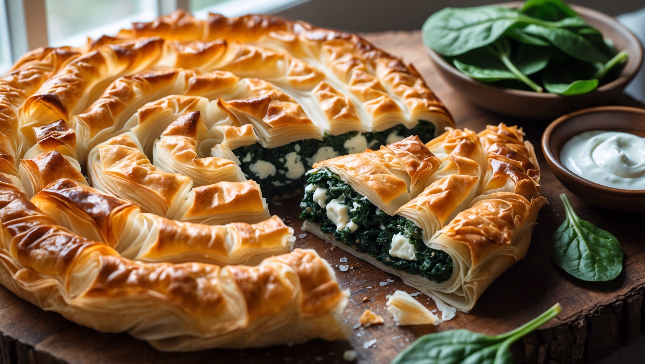 A bird's-eye view of the golden-brown Zeljanica, its flaky filo layers spiraled into a perfect circle with crackling edges displaying varying shades of amber. A slice has been cut to reveal the vibrant green spinach filling specked with white cheese, creating a striking contrast against the pastry. The pie rests on a rustic wooden serving board, with fresh spinach leaves and a small bowl of sour cream artfully arranged alongside. Soft natural light streams from a nearby window, highlighting the textural details of the pastry's crisp surface and the steam gently rising from the freshly cut section, suggesting the warm, aromatic filling inside.