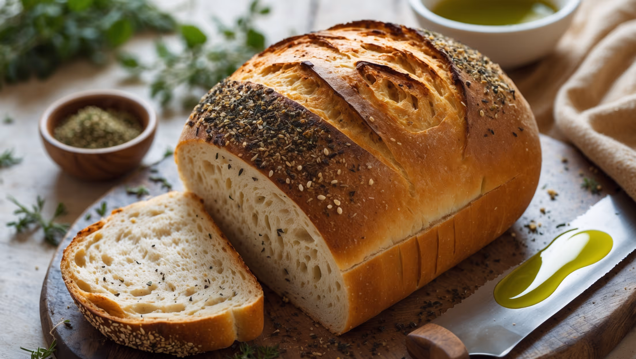 An overhead shot of a golden-brown Za'atar Spiced Sandwich Bread loaf with a perfect dome, sliced to reveal a soft, even crumb structure. The bread sits on a rustic wooden board under soft natural light, with a small bowl of olive green za'atar spice mix and fresh herbs scattered nearby. A cross-section slice stands upright showing flecks of herbs throughout the bread, while a thin stream of extra virgin olive oil drizzles onto a slice in the foreground, highlighting the bread's Mediterranean character and absorption qualities. The contrast between the crusty exterior and tender interior creates visual depth, with specks of thyme, sesame seeds, and sumac from the za'atar blend visible on the textured top crust.