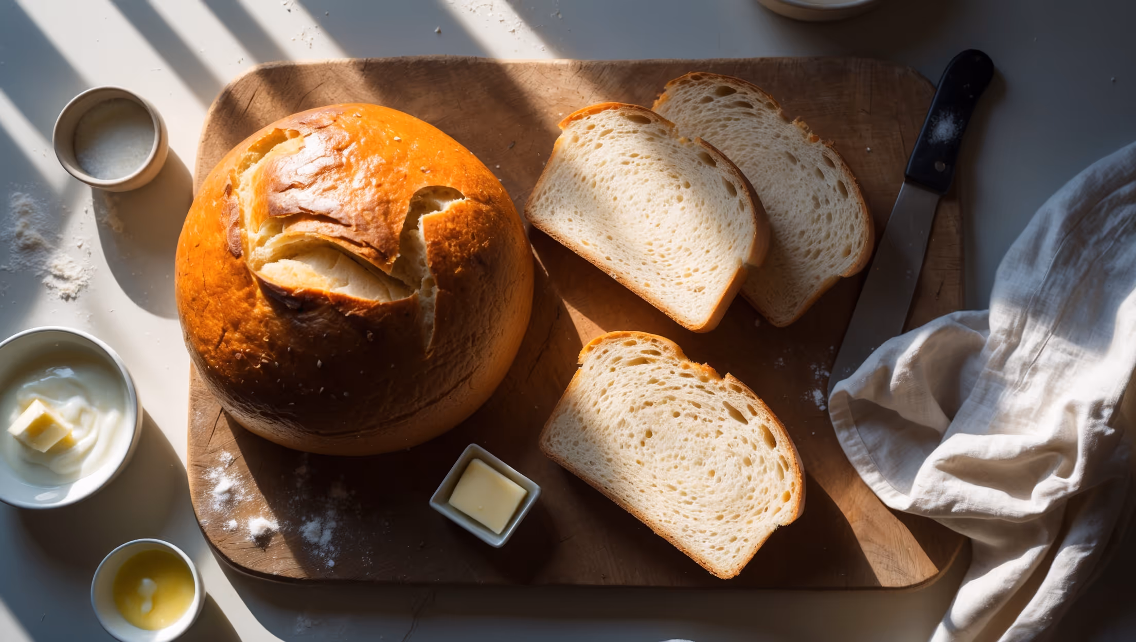 An overhead shot of freshly baked yogurt sandwich bread displayed on a rustic wooden cutting board, with one loaf whole and another sliced to reveal its perfectly even, tender crumb structure. The bread's golden-brown crust glistens under soft natural light streaming through a kitchen window, creating gentle shadows that highlight its rounded dome top. Scattered around the base are small bowls of yogurt and flour, with a linen tea towel draped casually to one side. A cross-section slice stands upright, showing the bread's impressive rise and consistent texture, while a small dish of salted butter sits nearby, partially melted on a warm slice.