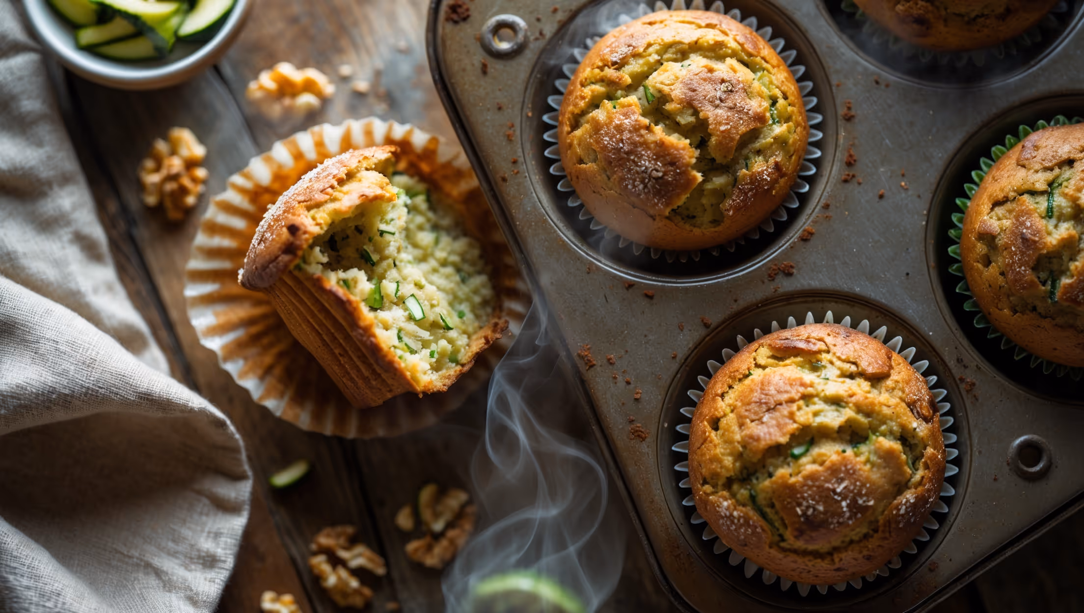 An overhead shot of golden-brown zucchini muffins in a rustic muffin tin, with one muffin broken open revealing a moist, speckled interior with visible green flecks of zucchini. Soft morning light streams across the scene, illuminating the slightly domed tops sprinkled with coarse sugar that sparkles against the warm-toned surface. A small bowl of grated zucchini and scattered walnuts frame the composition on a weathered wooden table, while a vintage linen napkin adds texture to the corner of the frame. Steam gently rises from the freshly-baked muffins, emphasizing their warmth and homemade appeal.
