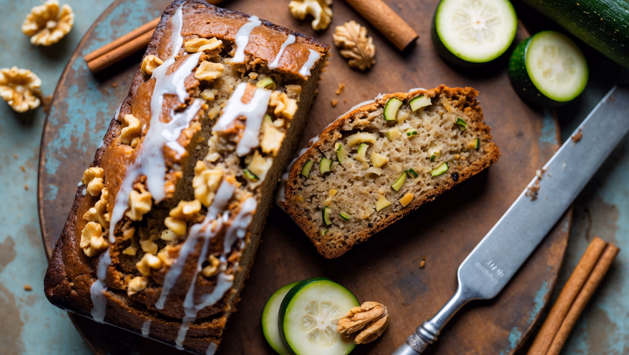 An overhead shot of a rustic loaf of zucchini bread on a weathered wooden board, with one thick slice cut to reveal a moist, speckled interior showing flecks of green zucchini and golden walnuts. A cross-section displays the perfectly moist crumb texture while soft natural window light highlights the cinnamon-brown crust and slight shimmer from the vanilla glaze drizzled across the top. Scattered around the board are fresh zucchini slices, cinnamon sticks, and a few walnuts, while a vintage cake knife rests alongside, ready for the next slice.