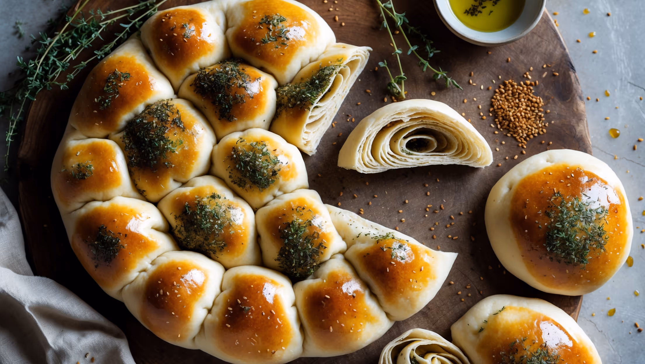 An overhead shot shows a rustic wooden board with golden-brown za'atar flatbread rolls arranged in a circular pattern, their tops glistening with olive oil and speckled with the distinctive green-brown za'atar herb blend. A cross-section view reveals the soft, airy interior with swirls of za'atar running through each layer. Soft natural light streams in from a side window, highlighting the flatbreads' perfectly burnished edges and the texture of sesame seeds within the za'atar mixture. Several rolls are pulled apart to show their stretchy, pillowy texture, while a small bowl of extra za'atar and a cruet of olive oil sit nearby, suggesting serving possibilities. Fresh thyme sprigs and scattered sumac add vibrant color accents against the neutral linen napkin beneath.