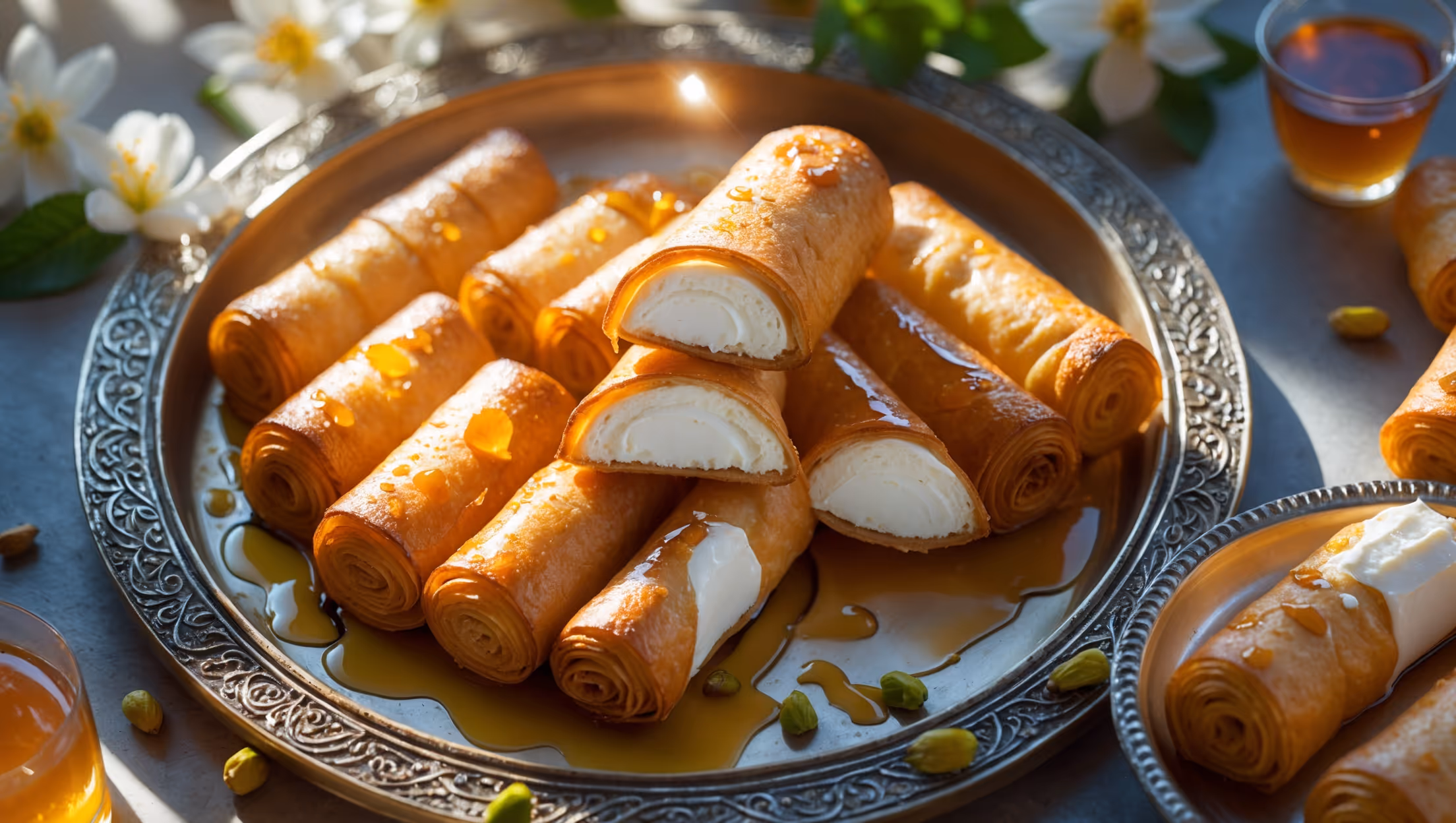 An overhead shot of golden-brown Znoud el Sit pastries arranged on a traditional ornate metal serving platter, with one pastry cut open to reveal the creamy white ashta filling contrasting beautifully with the crisp exterior. Soft natural light streams across the scene, highlighting the glistening syrup that coats each piece, with tiny droplets pooling on the plate. Scattered pistachios add vibrant green accents, while a small glass of mint tea and fresh orange blossom flowers in the background establish the Lebanese context. The pastries' cylinder shape showcases their perfect frying technique, with the phyllo layers visible in the cross-section revealing the technique behind this traditional Middle Eastern delicacy.