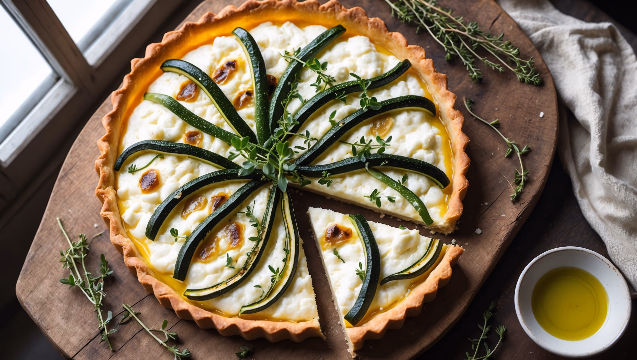 An overhead shot of the golden-brown Zucchini and Ricotta Tart resting on a rustic wooden serving board. Soft natural light streams in from a nearby window, highlighting the perfectly baked, flaky pastry edges. Green zucchini ribbons curl and weave across the top, beautifully caramelized at their edges, creating contrast against the creamy white ricotta filling. Fresh thyme sprigs are scattered around, with a few leaves used as garnish on the tart itself. A diagonal slice has been removed, revealing the distinct layers of crisp pastry and creamy ricotta filling studded with herbs. A small bowl of extra virgin olive oil sits nearby, alongside a vintage linen napkin, completing the Mediterranean-inspired tableau.