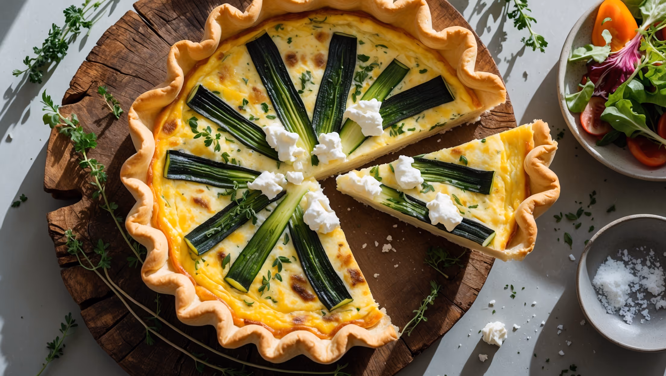 An overhead shot of the golden-brown quiche resting on a rustic wooden serving board, with a slice being lifted to reveal its perfect custard interior studded with vibrant green zucchini ribbons and pockets of melted goat cheese. The natural light streams in from a side window, highlighting the flaky, crisp edges of the pastry crust and the delicate herbs scattered on top. Surrounding the quiche are scattered fresh thyme sprigs, a small bowl of sea salt flakes, and a colorful side salad, creating an inviting brunch scene with rich, contrasting textures.