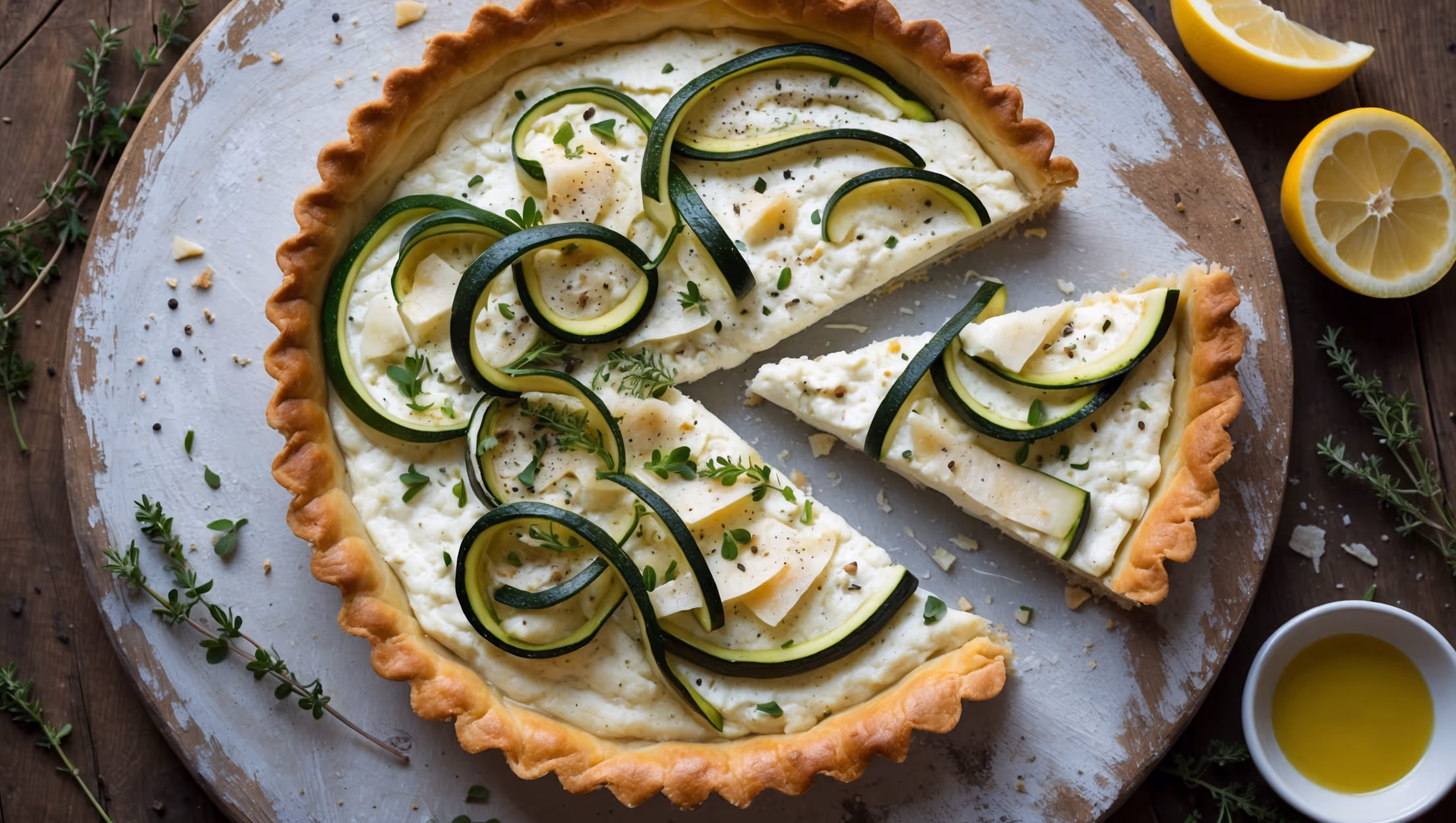 An overhead shot of a rustic Zucchini and Ricotta Tart on a weathered wooden board, captured in soft natural light. The golden brown shortcrust pastry forms a perfect cradle for the filling, where vibrant green zucchini ribbons curl elegantly across the surface of the creamy white ricotta mixture. Flecks of fresh herbs add pops of color throughout, while a sprinkle of freshly cracked black pepper and shaved Parmesan create texture on top. A slice has been removed, revealing the perfectly set filling with layers of zucchini and cheese. Scattered around the board are fresh thyme sprigs, lemon wedges, and a small bowl of extra virgin olive oil, suggesting serving accompaniments.
