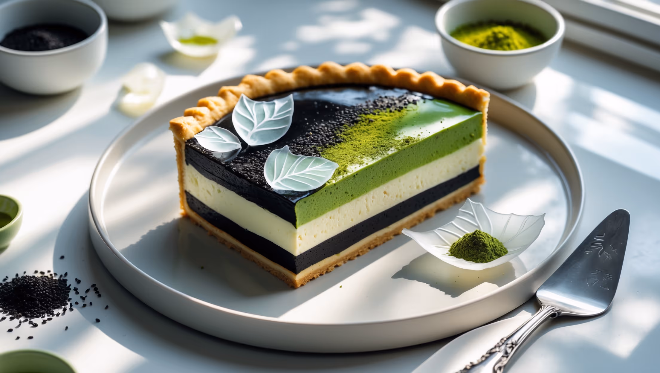 Overhead shot of a perfectly sliced piece of layered cream pie on a minimalist white ceramic plate, revealing distinct black sesame (dark gray) and matcha (vibrant green) layers beneath a glossy shine. A cross-section view showcases the buttery cookie crust, precise layer separation, and light, airy cream texture. The pie is adorned with translucent sugar art pieces resembling delicate leaves that catch the soft natural light streaming through a nearby window. Small bowls of matcha powder and black sesame seeds are artfully scattered in the background, while a vintage silver cake server rests beside the plated slice, ready for serving.