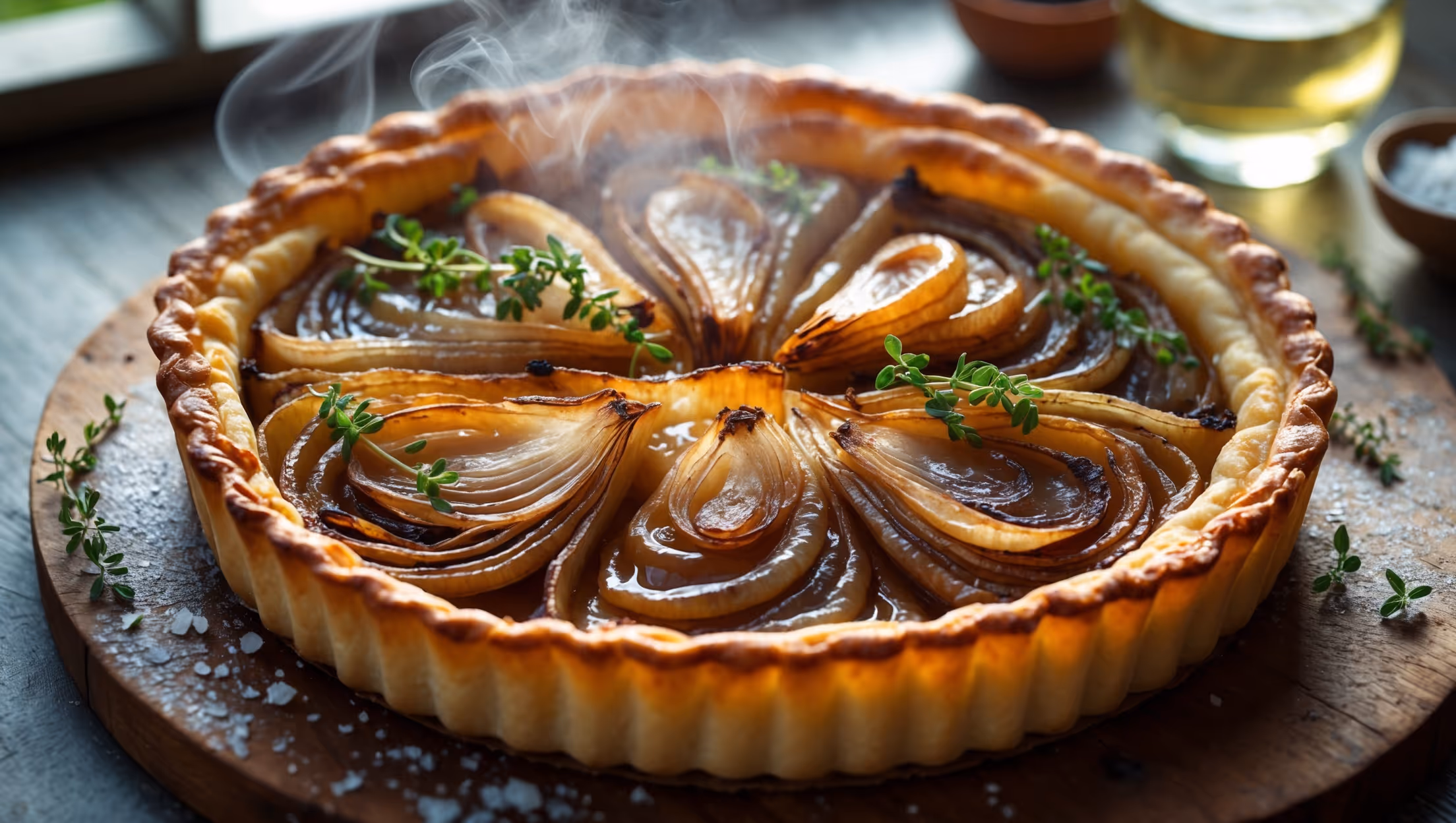 An overhead shot of the golden-brown onion tart resting on a rustic wooden board, steam gently rising from its surface. The cross-section reveals layers of buttery pastry supporting a luscious filling of amber caramelized onions. Soft natural light streams in from a nearby window, highlighting the tart's crisp edges and the glossy sheen of the onion filling. Small sprigs of fresh thyme are scattered across the top, adding bright green accents against the rich golden hues. In the background, a glass of white wine and a small bowl of flaky sea salt suggest the perfect accompaniment to this savory delight.