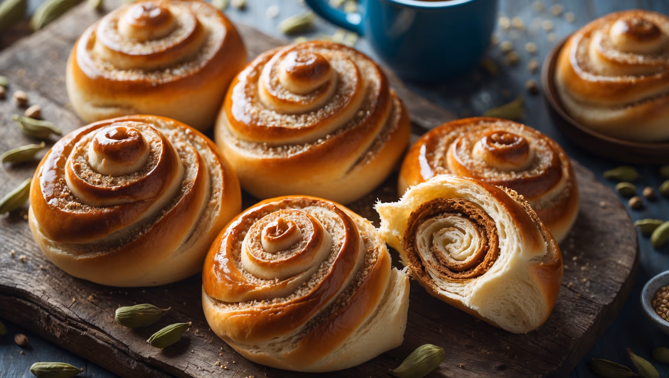 An overhead shot of golden-brown cardamom buns arranged on a rustic wooden board, their twisted shapes revealing swirls of cinnamon-cardamom filling. Soft natural light highlights the glossy pearl sugar topping that sparkles against the rich amber crust. In the background, a blue ceramic mug of coffee sits beside scattered cardamom pods and a small bowl of pearl sugar. A close-up captures the delicate layers and airy texture as one bun is pulled apart, revealing the aromatic spiced filling that creates beautiful striations throughout the pastry. The warm steam rising carries the distinct scent of cardamom and butter.