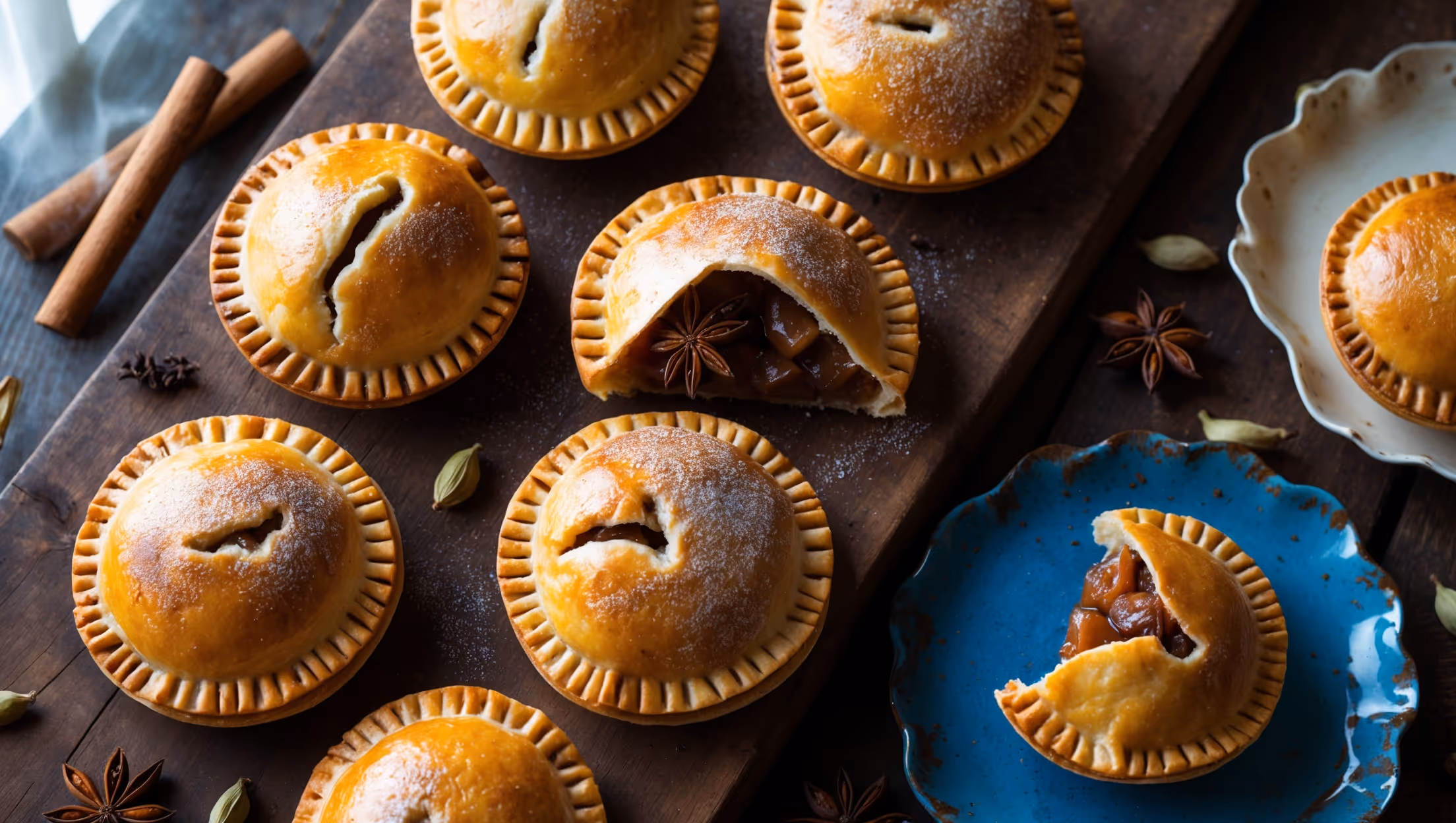 An overhead shot captures a rustic wooden board holding six golden-brown hand pies, their crimped edges glistening with a light sugar glaze and a dusting of demerara sugar. A cross-section view reveals the cinnamon-hued fruit filling speckled with cardamom pods and star anise. Soft natural light streams in from a nearby window, highlighting the flaky pastry layers and caramelized edges. Scattered cinnamon sticks, star anise, and cardamom pods surround the pies, while a vintage blue ceramic plate holds a single hand pie with a bite taken out, showing the perfect ratio of buttery crust to spiced filling. Steam rises subtly from the freshly baked pies, suggesting their warmth and the aromatic chai spices within.