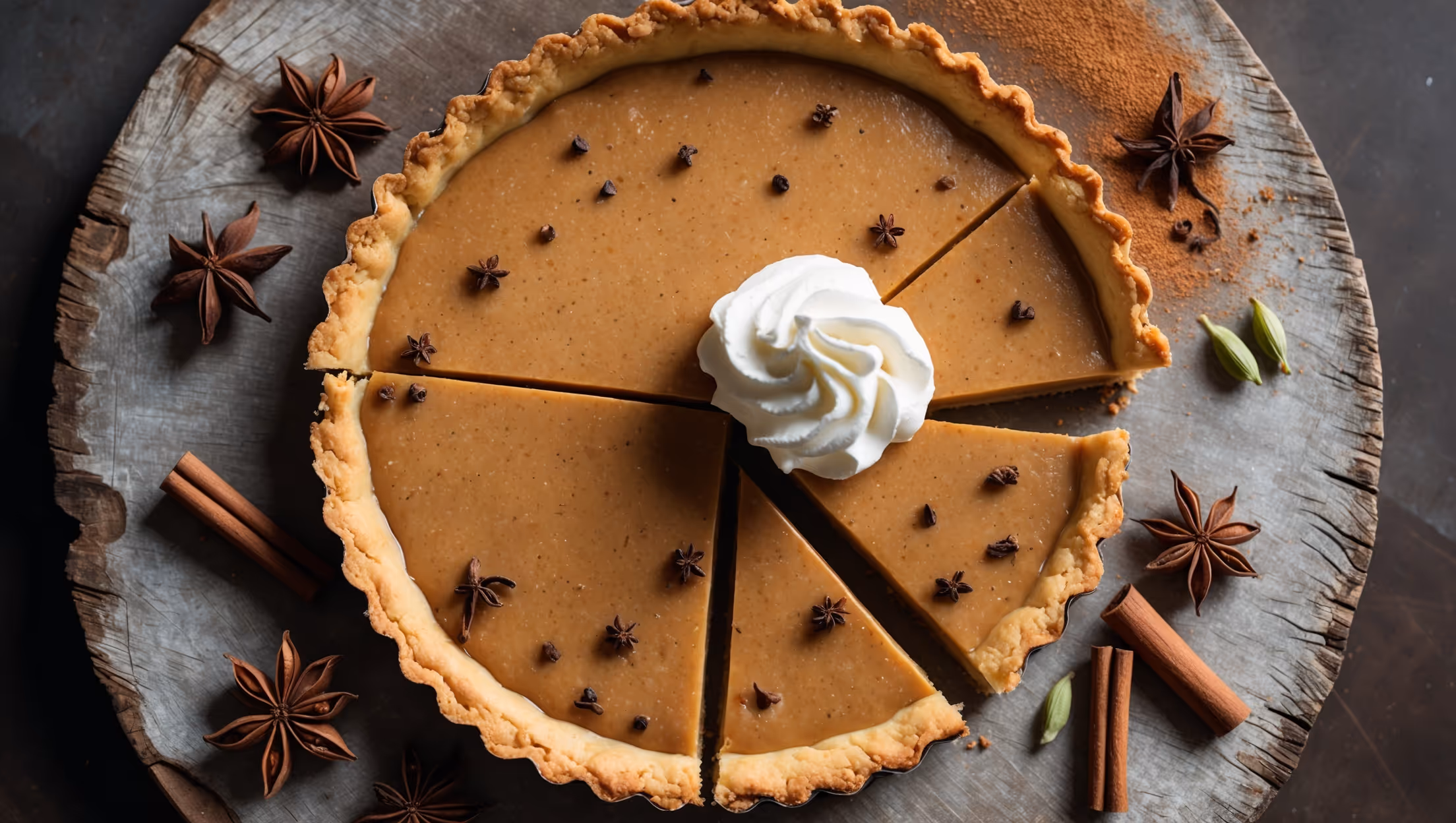 An overhead shot of a perfectly baked chai spiced tart with a golden-brown shortcrust edge contrasting against the caramel-hued custard filling. Captured in soft natural light, the tart sits on a weathered wooden serving board dusted with cinnamon. A cross-section slice reveals the silky, speckled custard layer studded with chai spices against the crisp, flaky base. Scattered whole star anise, cinnamon sticks, and cardamom pods artfully frame the tart, while a dollop of lightly whipped cream slowly melts on the warm surface, emphasizing the tart's comforting warmth and aromatic appeal.