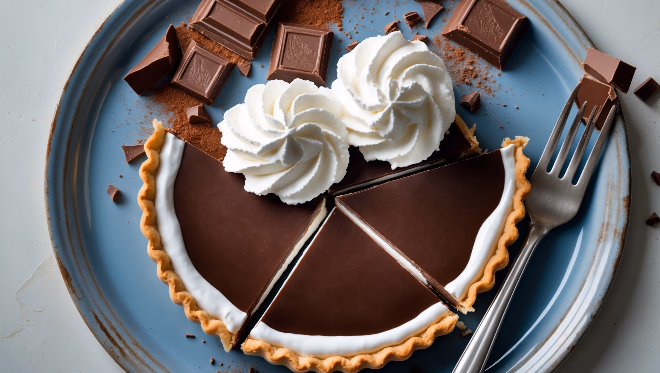An overhead shot of a perfectly sliced chocolate cream pie reveals three distinct layers: a dark chocolate filling with a glossy sheen, a pristine white whipped cream topping with subtle peaks, and a golden-brown pastry crust. Captured in soft natural light against a vintage blue ceramic plate, the cross-section displays the contrast between the velvety chocolate layer and the airy whipped cream. Chocolate shavings cascade across the top, while a few whole chocolate squares and scattered cocoa powder create visual interest around the slice. A silver dessert fork rests alongside, showing the clean cut through all layers, demonstrating the ideal creamy-yet-sliceable texture of the filling.