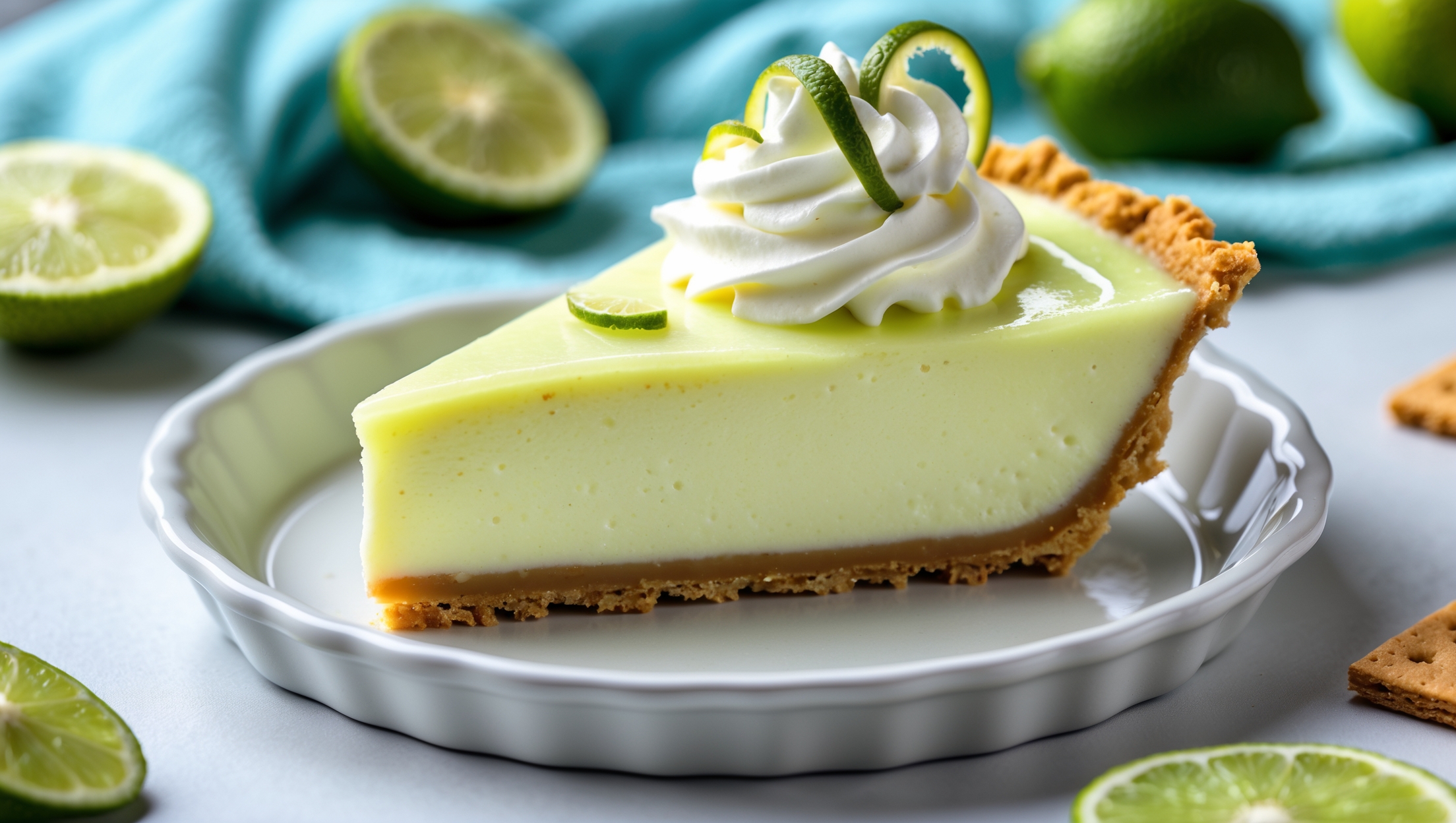 A slice of vibrant key lime pie photographed from a 45-degree angle, showcasing its pale yellow-green filling with a perfectly set, silky texture. The substantial graham cracker crust provides a golden-brown foundation, while a dollop of fresh whipped cream adorns the top, garnished with a delicate lime zest curl and a thin slice of lime. The pie rests on a classic white ceramic plate against a light blue linen backdrop, with scattered lime halves and additional graham crackers artfully placed nearby. Soft natural light streams in from the side, highlighting the creamy filling's subtle sheen and the textural contrast between the crisp crust and smooth filling.