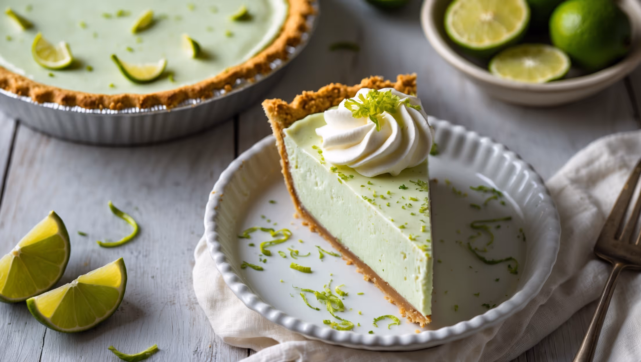 An overhead shot of a perfectly sliced key lime pie revealing its pale green, silky filling against a golden graham cracker crust. The slice rests on a white ceramic plate with delicate key lime slices and zest scattered nearby for visual context. Soft natural light streams in from the side, highlighting the contrast between the smooth filling and textured crust edge. A dollop of freshly whipped cream crowns each slice, with fine lime zest speckled across the top creating a beautiful color contrast. In the background, a vintage pie dish contains the remainder of the pie, while a rustic wooden table and a small bowl of fresh key limes complete the summery, refreshing composition.