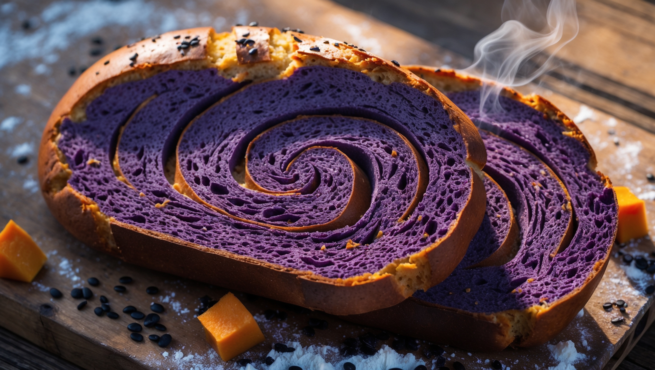 Overhead shot of a perfectly baked loaf with a dramatic purple-hued crumb sliced to reveal elegant black sesame swirls throughout. Close-up captures the tender, open crumb structure with a slight sheen from the koji fermentation, resting on a rustic wooden board dusted with flour. Natural morning light highlights the contrast between the deep purple sweet potato-infused dough and the striking black sesame filling. Scattered sweet potato chunks and black sesame seeds surround the base of the loaf, while steam gently rises from a freshly cut slice, emphasizing its warmth and tenderness.