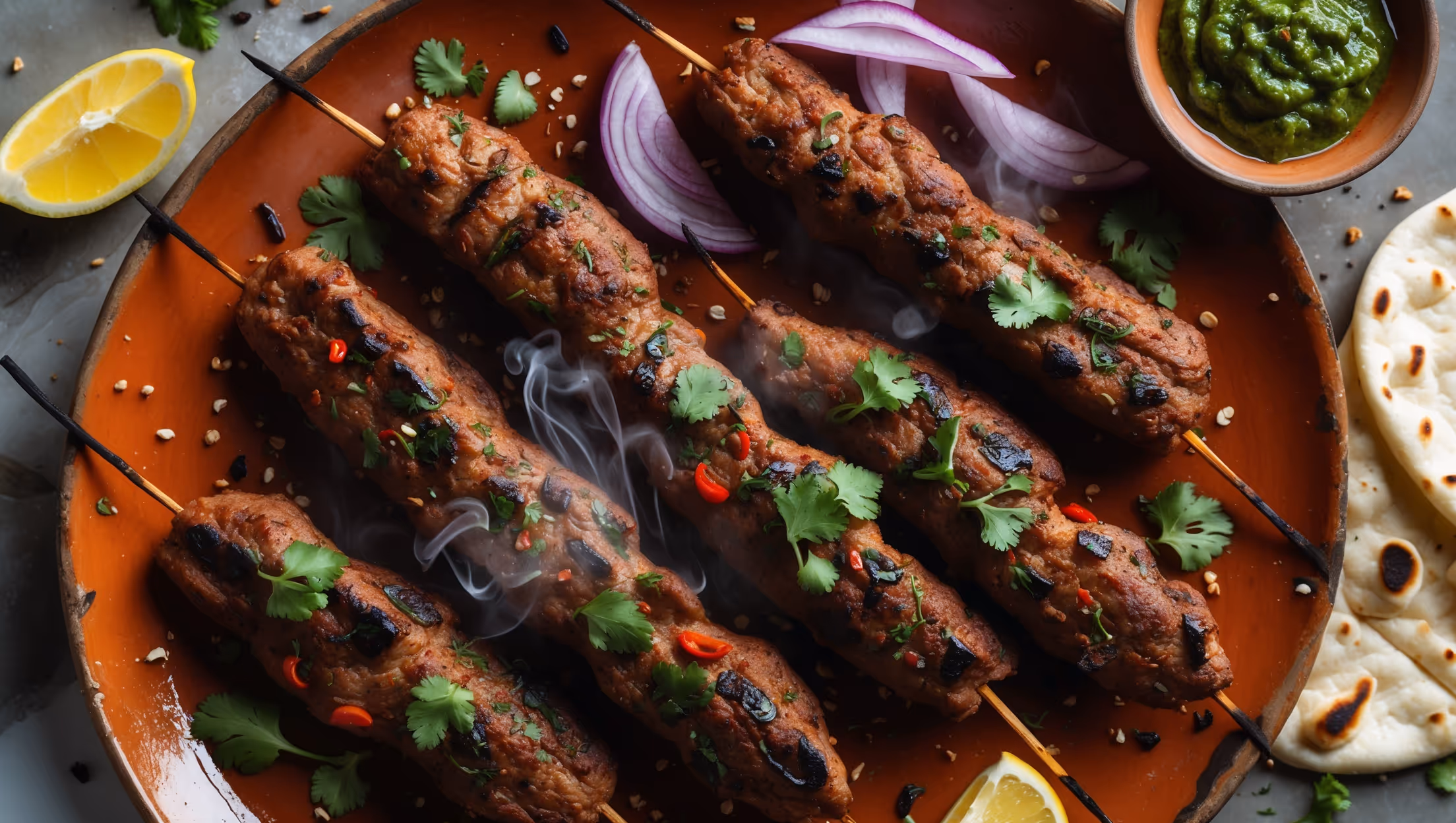 An overhead shot of sizzling Seekh Kebabs arranged on a rustic clay platter, glistening with a light brush of oil in warm, diffused natural light. The kebabs display perfect grill marks and a rich, reddish-brown color with flecks of vibrant green herbs and red chili visible throughout. Garnished with fresh coriander leaves, sliced red onions, and wedges of lemon, the platter is accompanied by a small bowl of bright green mint chutney and thin naan bread. Wisps of steam rise from the kebabs, capturing their just-off-the-grill freshness, while scattered cumin and coriander seeds around the platter enhance the composition's authentic Punjabi character.