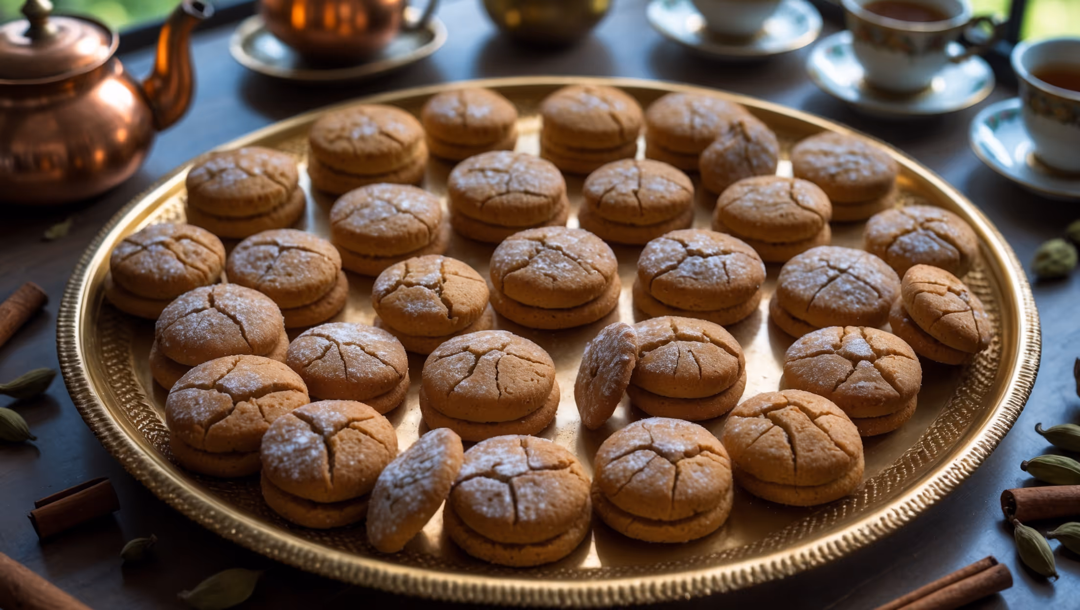 An overhead shot captures dozens of golden-brown Peepa Style Punjabi Biscuits arranged in concentric circles on a traditional brass thali. Natural window light creates subtle shadows highlighting their characteristic cracked tops and sugar-dusted surfaces. In the background, a copper kettle sits beside porcelain teacups, suggesting the perfect chai pairing. Close-up angles reveal the biscuits' firm exterior and slightly chewy center, while scattered cardamom pods and cinnamon sticks strategically placed around the display hint at the aromatic spices within. The warm amber tones of the biscuits contrast beautifully against the metallic finish of the serving plate, evoking the rich culinary heritage of Punjab.
