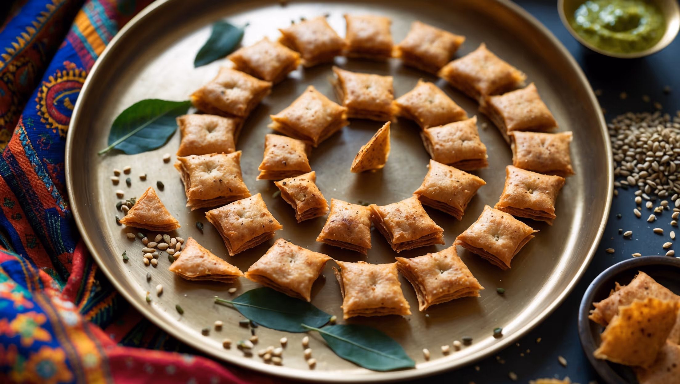 An overhead shot of golden-brown Mathiya crackers arranged in a spiral pattern on a traditional brass thali, with some broken pieces showcasing their delicate, layered texture. Soft natural light streams across the crackers, highlighting their uneven, blistered surfaces and specks of spices. A small bowl of vibrant green chutney sits beside them, along with scattered fenugreek leaves, cumin seeds, and sesame seeds. In the background, a colorful Gujarati textile adds cultural context, while the warm tones of the crackers contrast beautifully with the cool green garnishes, capturing the essence of this crisp, spiced Gujarati specialty.