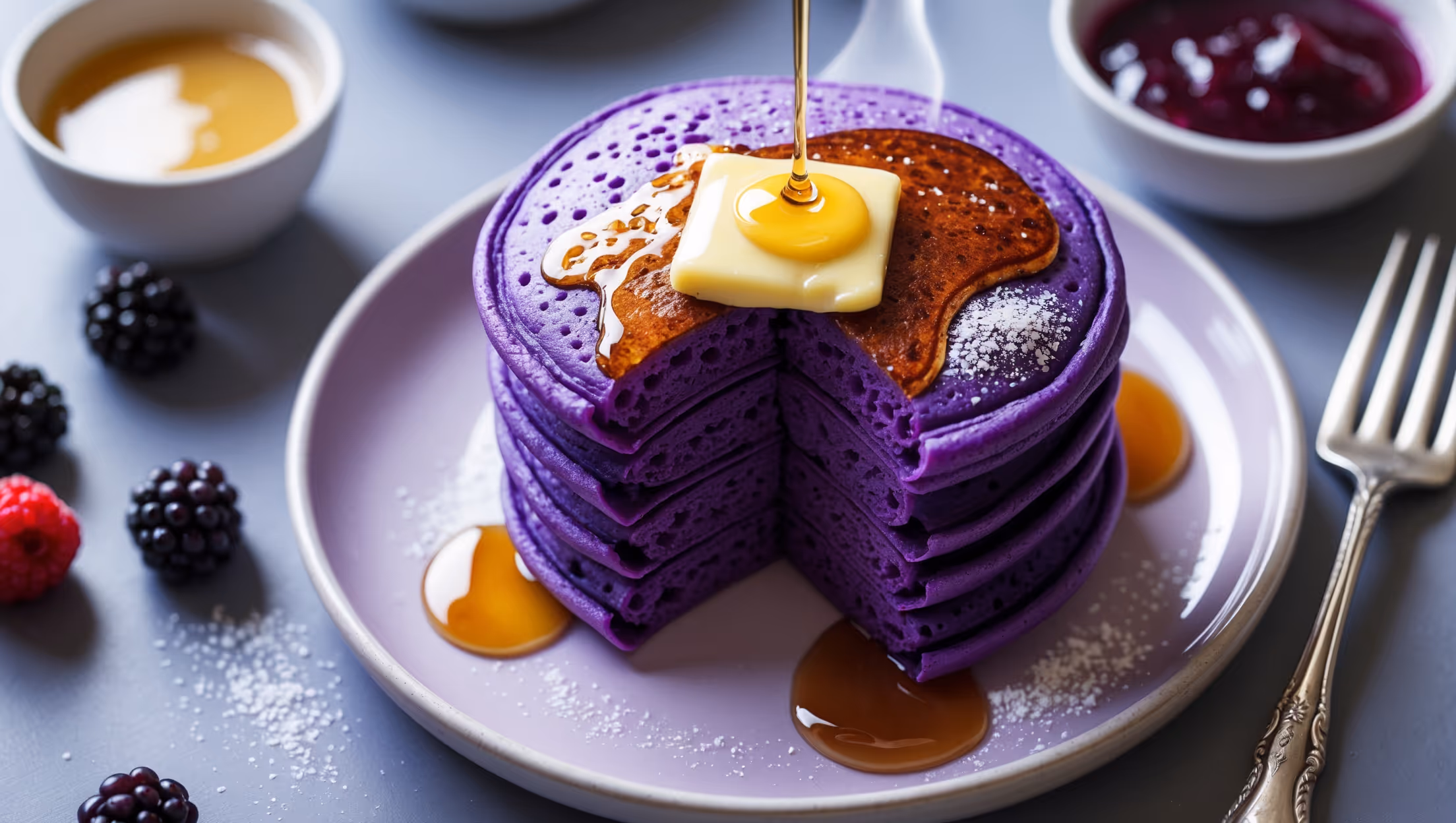 An overhead shot of a stack of three vibrant purple pancakes on a white ceramic plate, with a pat of melting butter and maple syrup drizzling down the sides. The cross-section reveals the distinctive chewy mochi texture inside, contrasting with the golden-brown exterior. Shot in soft morning light, the scene includes scattered fresh berries, a small bowl of ube jam, and a vintage silver fork resting beside the plate. A sprinkle of powdered sugar highlights the pancakes' uniquely purple hue, while steam gently rises, suggesting they're freshly made.