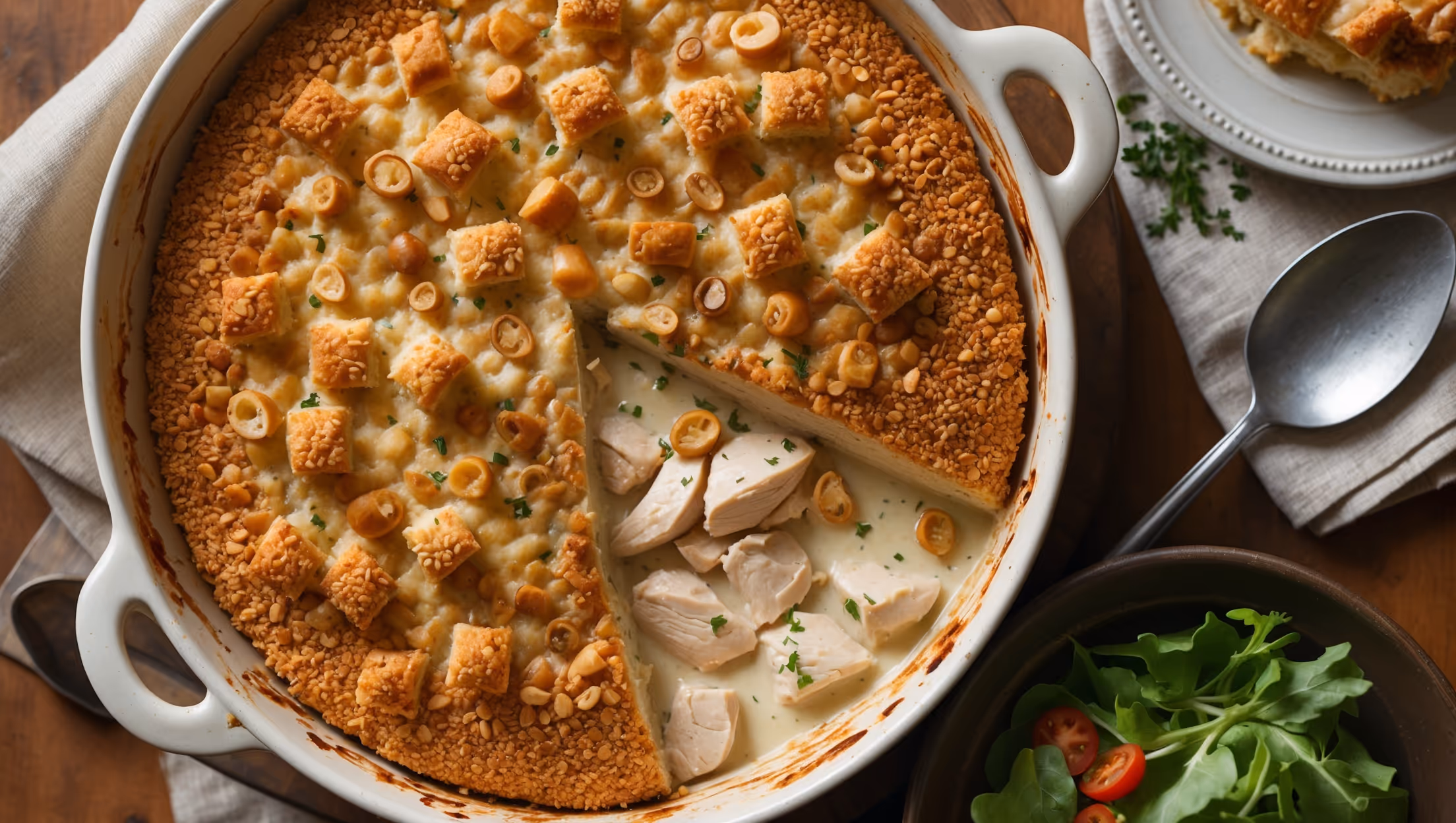 An overhead shot of the golden-brown Neiman Marcus Chicken Casserole fresh from the oven, steam gently rising from its crispy, buttery cracker crust. A cross-section reveals layers of creamy sauce studded with tender chicken pieces and crisp water chestnuts. The casserole is presented in a rustic white ceramic baking dish on a wooden table, with a serving spoon resting beside it. Soft natural light highlights the textural contrast between the crunchy topping and the creamy interior. Scattered fresh herbs and a small side salad add color to the composition, emphasizing the casserole's homemade elegance and comfort-food appeal.