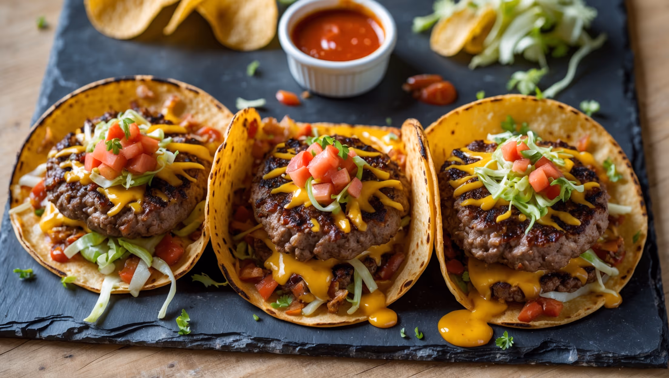 An overhead shot of three Smash Burger Tacos arranged on a rustic slate board, captured in bright natural light. Each crunchy taco shell reveals layers of caramelized smashed beef patties with crispy, lacy edges protruding slightly. Melted cheese oozes temptingly down the sides, while colorful toppings of shredded lettuce, diced tomatoes, and special sauce create vibrant contrast against the golden-brown meat. In the background, a small ramekin of extra sauce sits alongside scattered fresh ingredients and a few potato chips, creating an inviting casual dining scene that highlights the playful fusion of American burger and Mexican taco traditions.