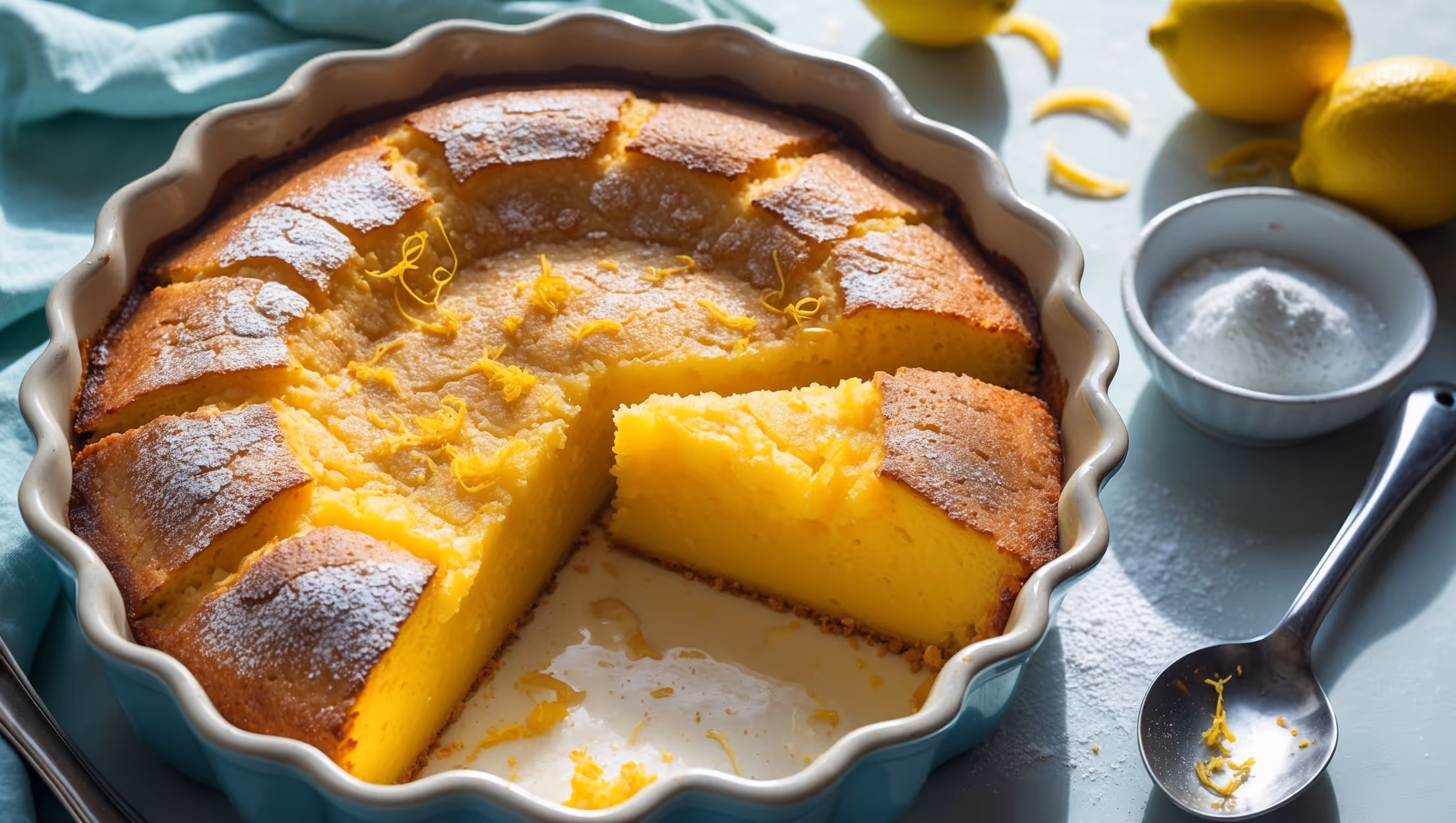 An overhead shot of a golden-brown 5-Ingredient Lemon Dump Cake in a ceramic baking dish, with a perfect piece removed to reveal its moist, bright yellow interior. Soft natural light streams across the scene, highlighting the cake's crackling top crust and the vibrant lemon zest scattered throughout. In the background, fresh lemons and a small bowl of powdered sugar sit on a pale blue linen, while a silver serving spoon rests beside the dish. A close-up captures the cake's unique texture—a pudding-like bottom layer and a crisp, buttery top layer—with a light dusting of icing sugar creating beautiful contrast against the sunny yellow cake.