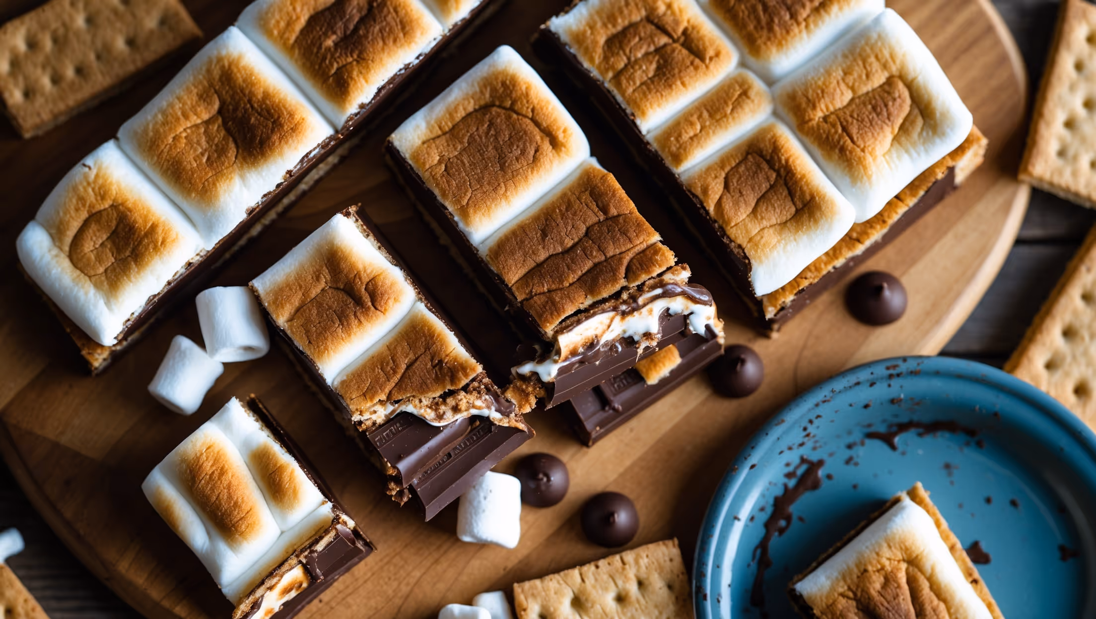 An overhead shot of a wooden serving board displaying perfectly cut S'mores Cookie Bars with one piece slightly pulled away revealing stretchy marshmallow strands. Golden-brown toasted marshmallow tops contrast beautifully with dark chocolate layers and the honey-hued graham cookie base. The scene is bathed in warm natural light, highlighting the glossy sheen of the chocolate and the caramelized texture of the marshmallows. Scattered graham cracker pieces and chocolate chunks frame the composition, while a vintage blue enamel plate holds a single bar ready to be enjoyed, emphasizing the rustic yet indulgent nature of this nostalgic treat.